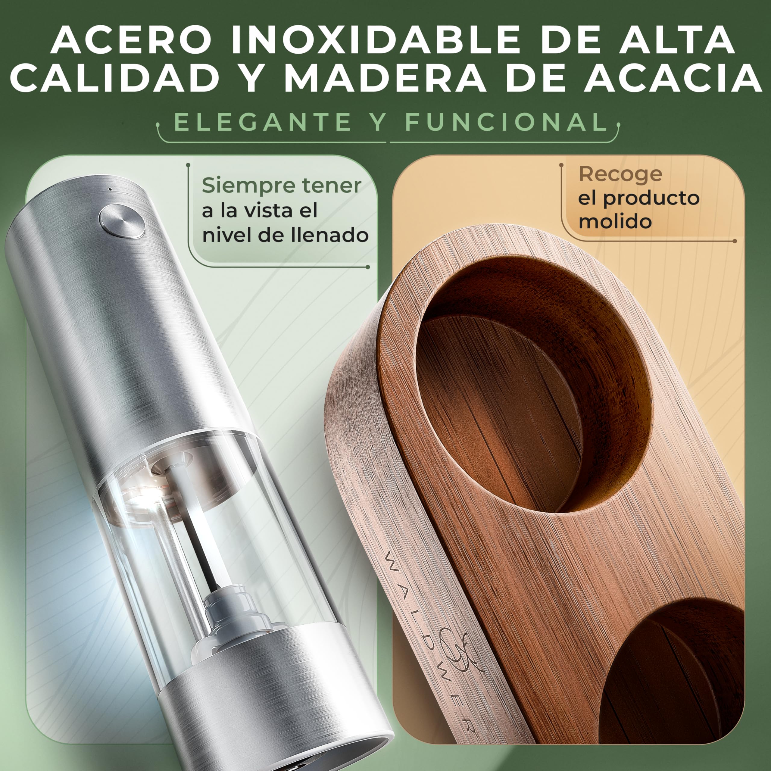 WALDWERK Juego de Molinillos de Pimienta y Sal Eléctrico (batería de 300 mAh) – Molinillo Pimienta electrico con soporte elegante de acacia – Set de Salero y Pimentero electrico