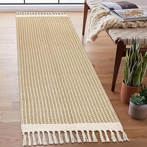 Lanffia Alfombra bohemia de 2 x 6 pies, color caqui, alfombra de pasillo lavable, alfombra de algodón tejida para interiores, con borlas, alfombra