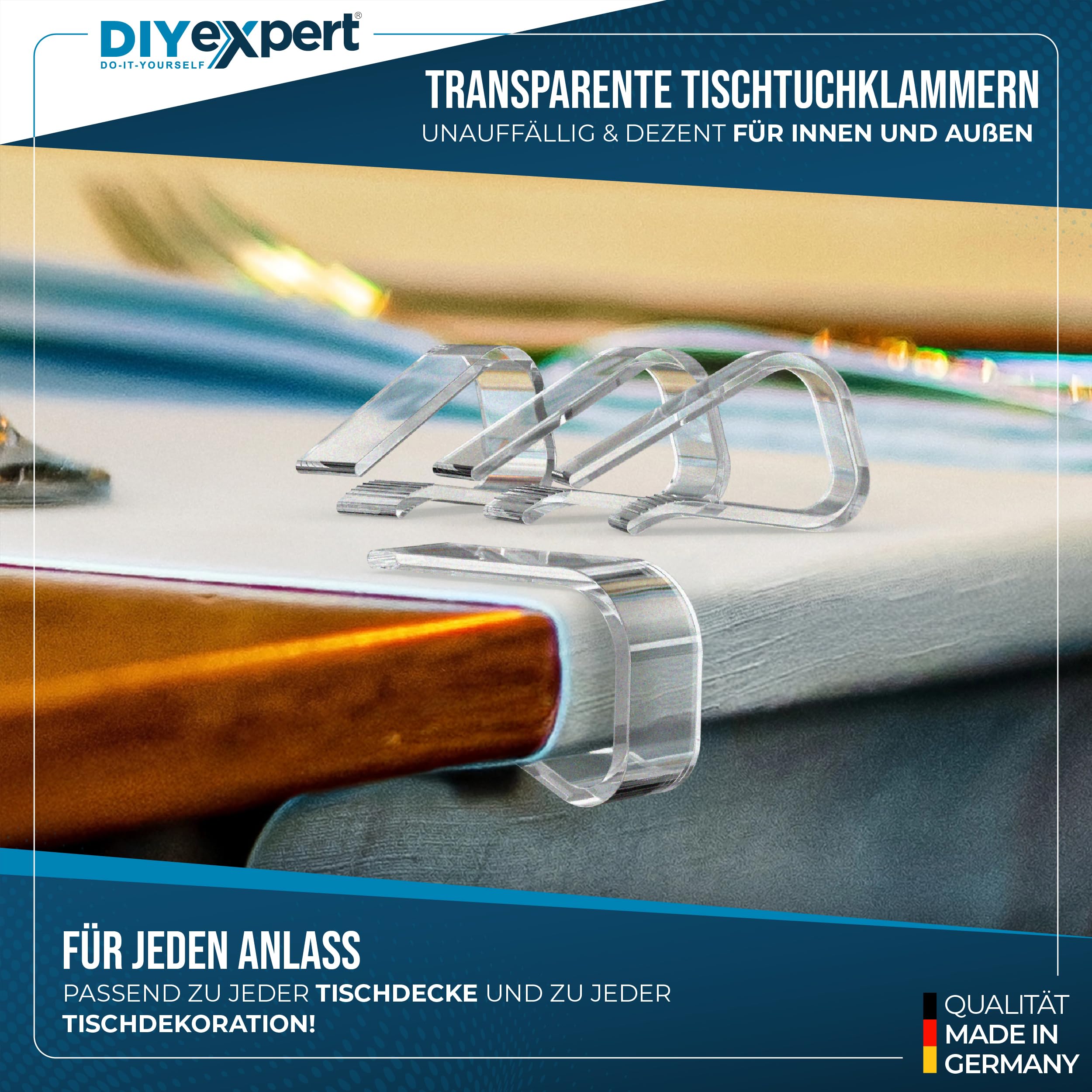 DIYexpert Mollette per tovaglia, trasparenti, prodotte in Germania, fino a 25 mm, 8 pezzi, resistenti alle intemperie e antiscivolo, mollette da tavolo per giardino, balcone e interni