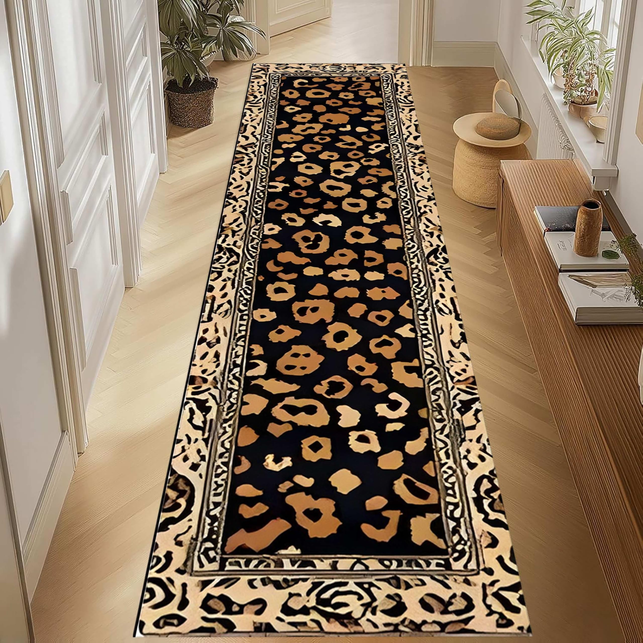 Kuluoits Leopard Hallway Runner Rug,60x180cm, Hunting Animal Theme Cheetah Texture Kitchen Throw Rugs, Vintage Wild Animal Design, Washable Non-Slip Durable Living Room Rugs for Bedroom Dining Room