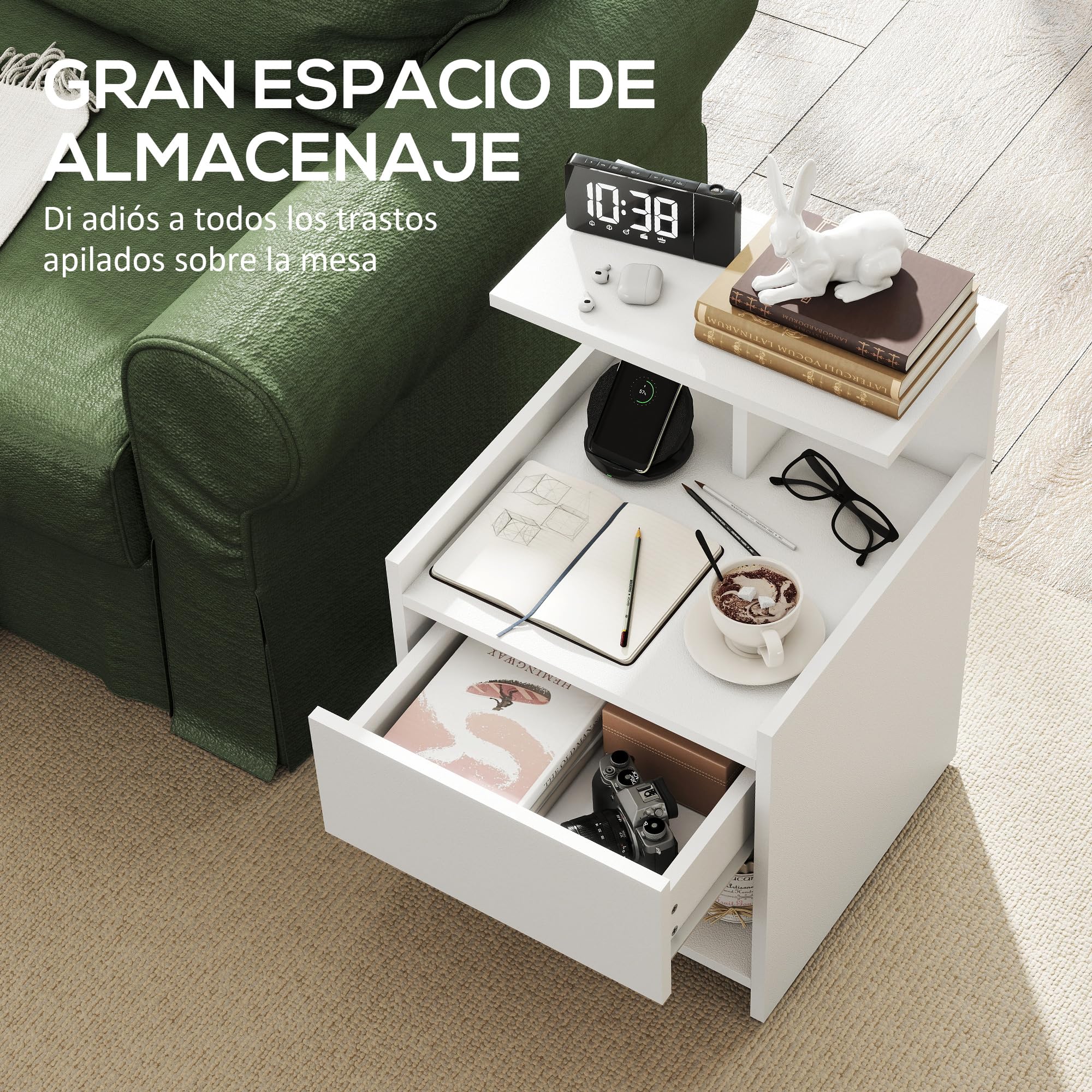 HOMCOM Mesita de Noche con Estación de Carga Cajón 40x40x60 cm Blanco | Mesilla de Noche Dormitorio, Puertos USB, Estantes Abiertos, para Salón, Estudio