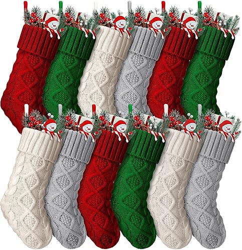 Hungdao 12 medias de Navidad de punto, medias rústicas de doble cara para colgar en la chimenea, medias vintage para decoración familiar de Navidad