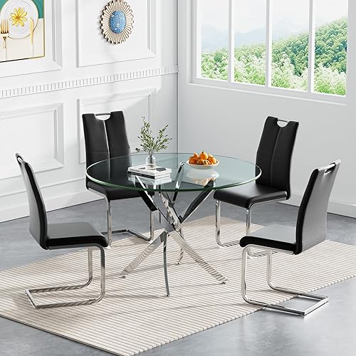 Miniatura 13 de Juego de mesa redonda de comedor para 2, juego de mesa de comedor de 3 piezas con mesa de comedor de vidrio plateado de 36 pulgadas y 2 sillas Mesa