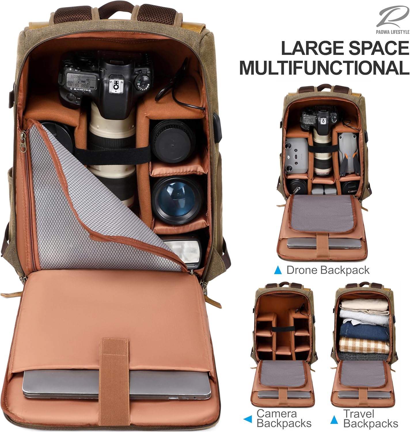 Padwa Lifestyle Khaki Canvas Camera Backpack - Large Camera Bag,Multi DSLR & UAV Professional Camera Backpacks with 16” Laptop & Lens Compartment and Tripod Holder for Photographers