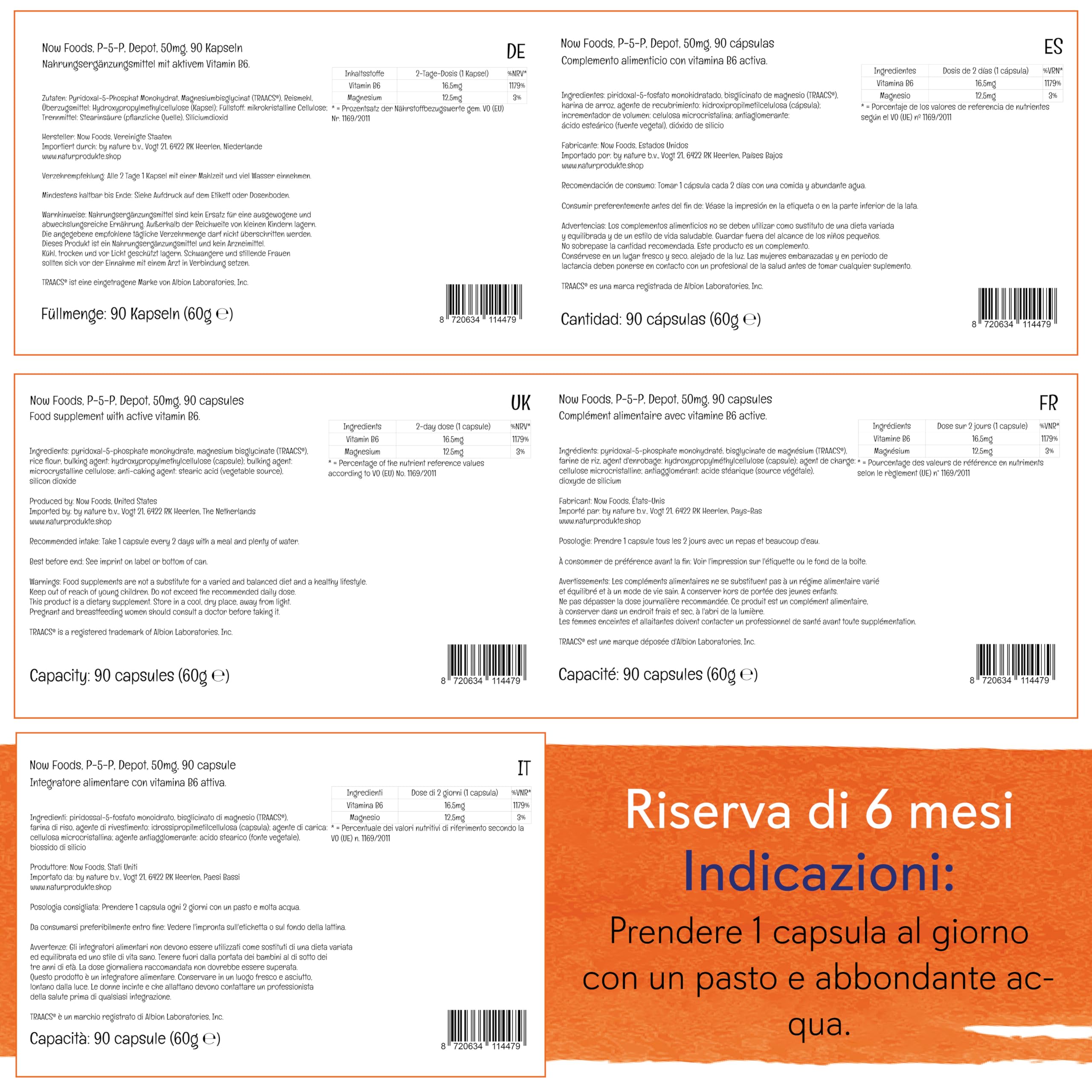 Now Foods P-5-P, Piridossal-5-Fosfato, vitamina B6 attiva, 90 capsule Vegane, Testate in Laboratorio, Senza Glutine, Senza Soia, Vegetariane, Non OGM