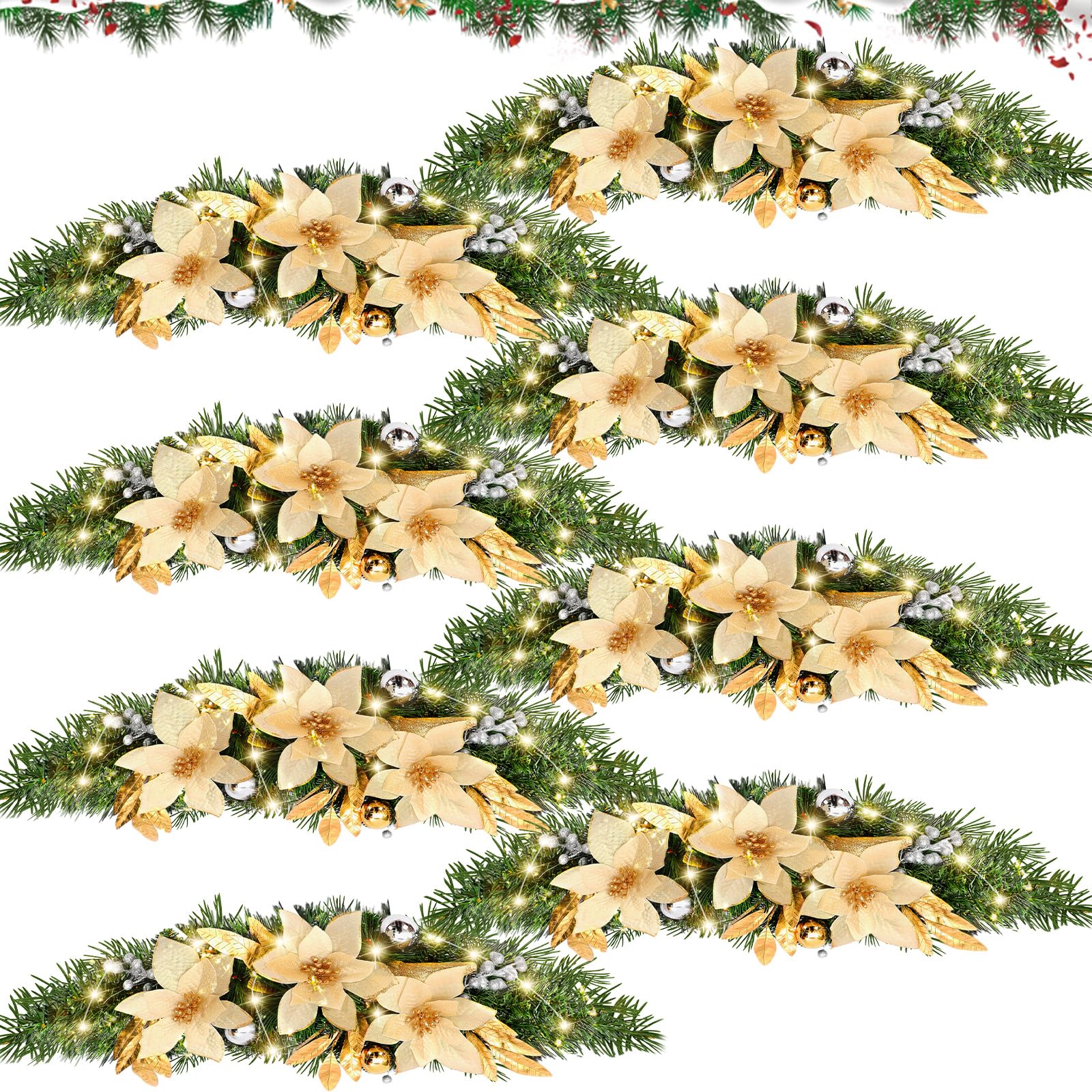 Norme 8 Pack 30 Inch Christmas Window Swags with Lights, Large Christmas Poinsettia Swag for Front Door, Fireplace Decoration, Artificial Xmas Decor for Mantel Wall Lintel Indoor Outdoor (Gold)