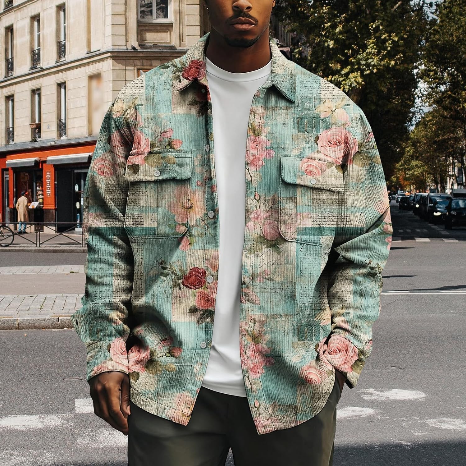 Art Print Shirts for Men Trendy Button Down Long Sleeve Shirt Casual Loose Fit Collared Fall Fashion Tops with Pockets