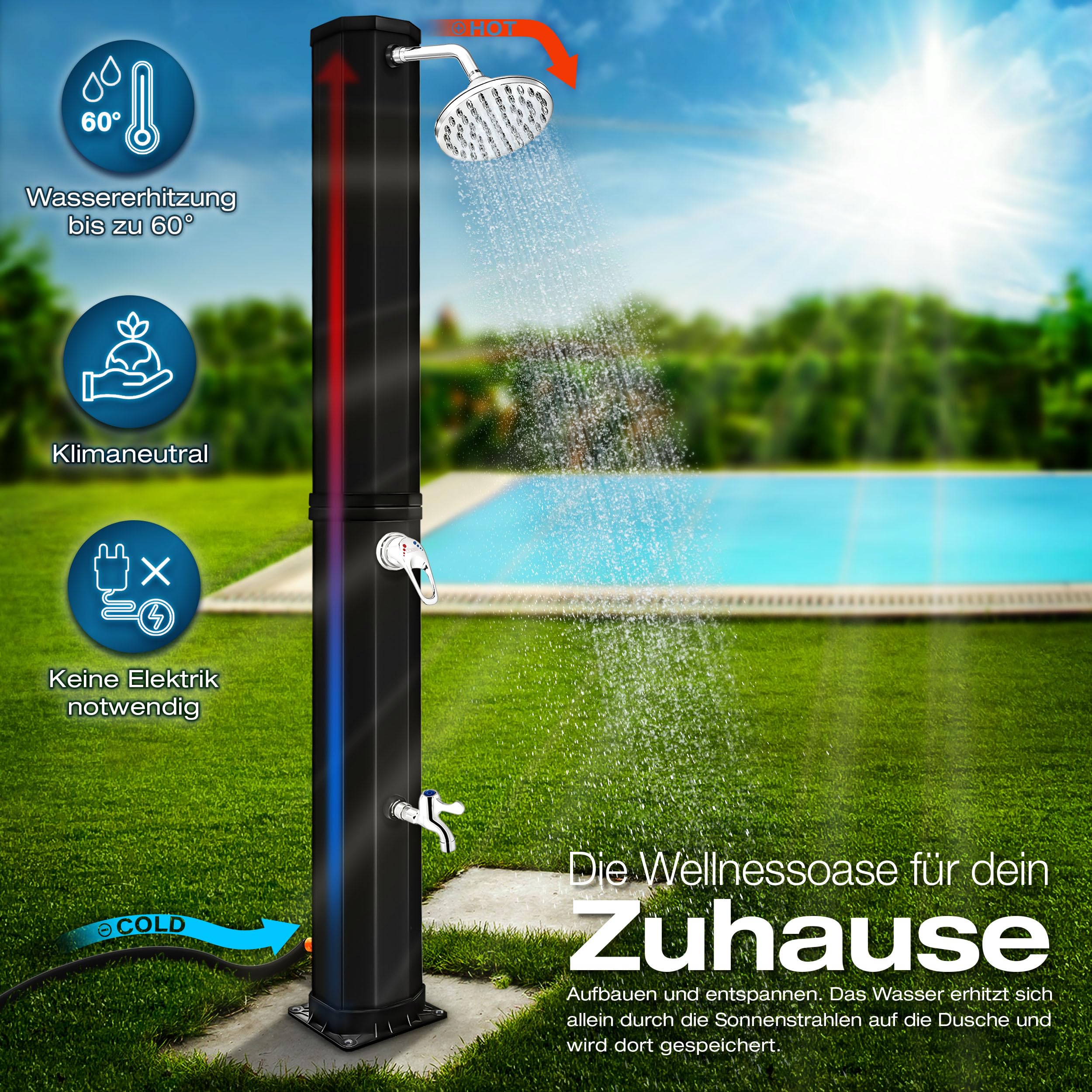 tillvex Solardusche 60 Liter inkl. Abdeckung | Solar Garten-dusche warmes Wasser | Pooldusche Camping | ohne Stromanschluss | mit Wasserhahn | Gartenschlauch-Anschluss