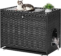 Vista 14 de Caja de arena para gatos con alfombrilla de arena suave; muebles ocultos de baño para gatos con puerta; casa de gato tejida a mano con gran espacio