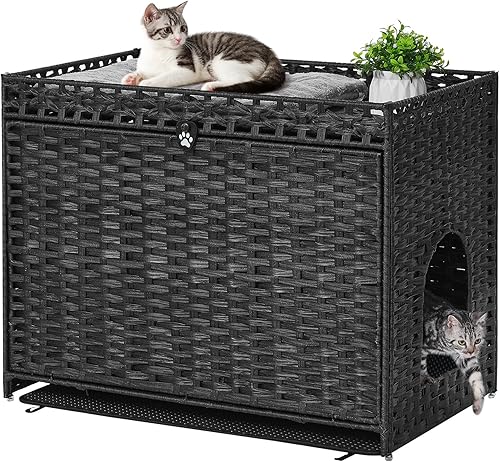 Miniatura 14 de Caja de arena para gatos con alfombrilla de arena suave; muebles ocultos de baño para gatos con puerta; casa de gato tejida a mano con gran espacio