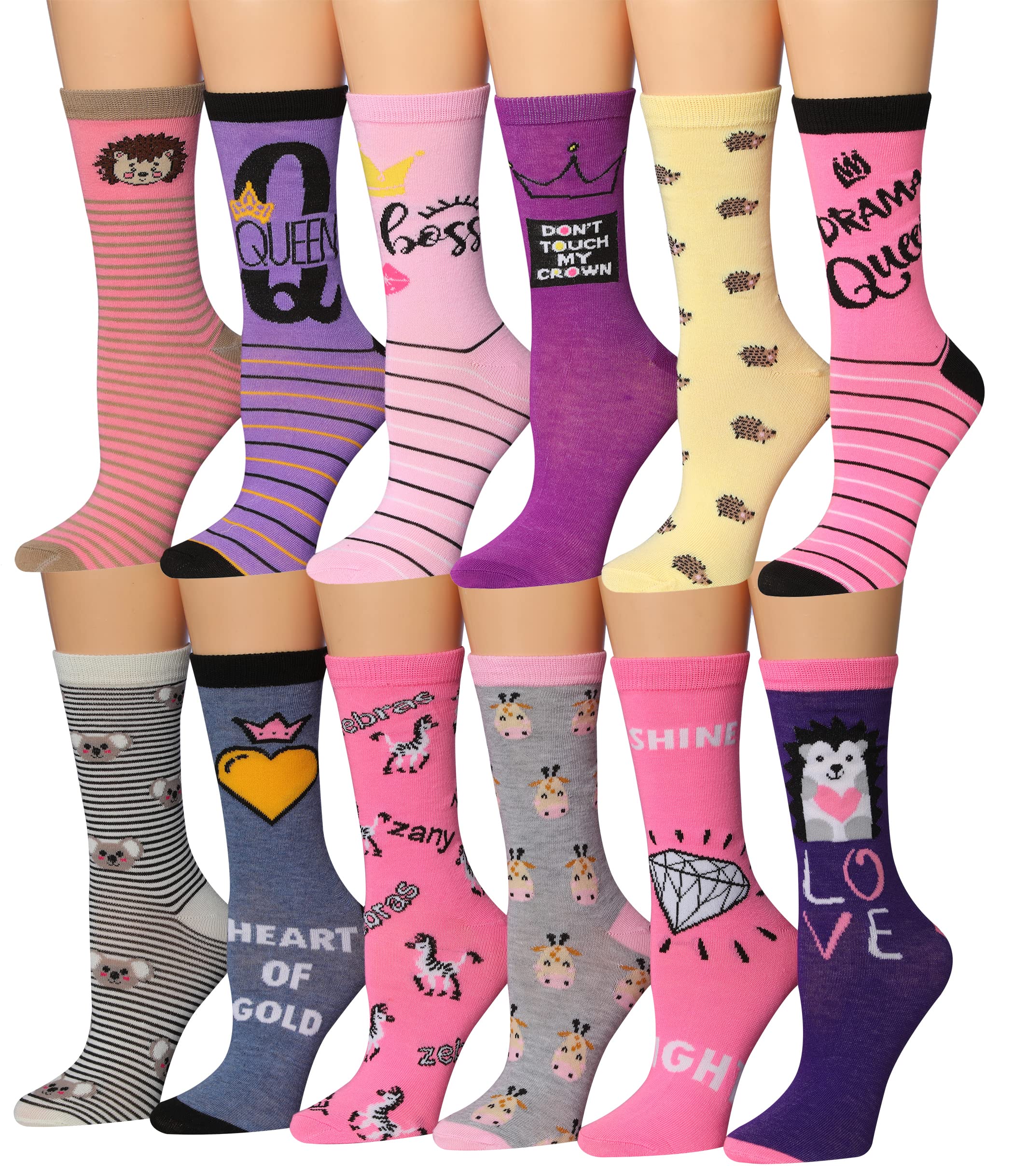 Tipi Toe Women's Fun Patterned Dress Socks, 12-Pack Lightweight Colorful Crew Socks, Casual Novelty Assorted Designs
