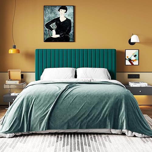 Miniatura 30 de HOOMIC Base de cama de plataforma de tamaño matrimonial, cama tapizada de terciopelo moderno con cabecera capitoné de canal vertical ajustable,