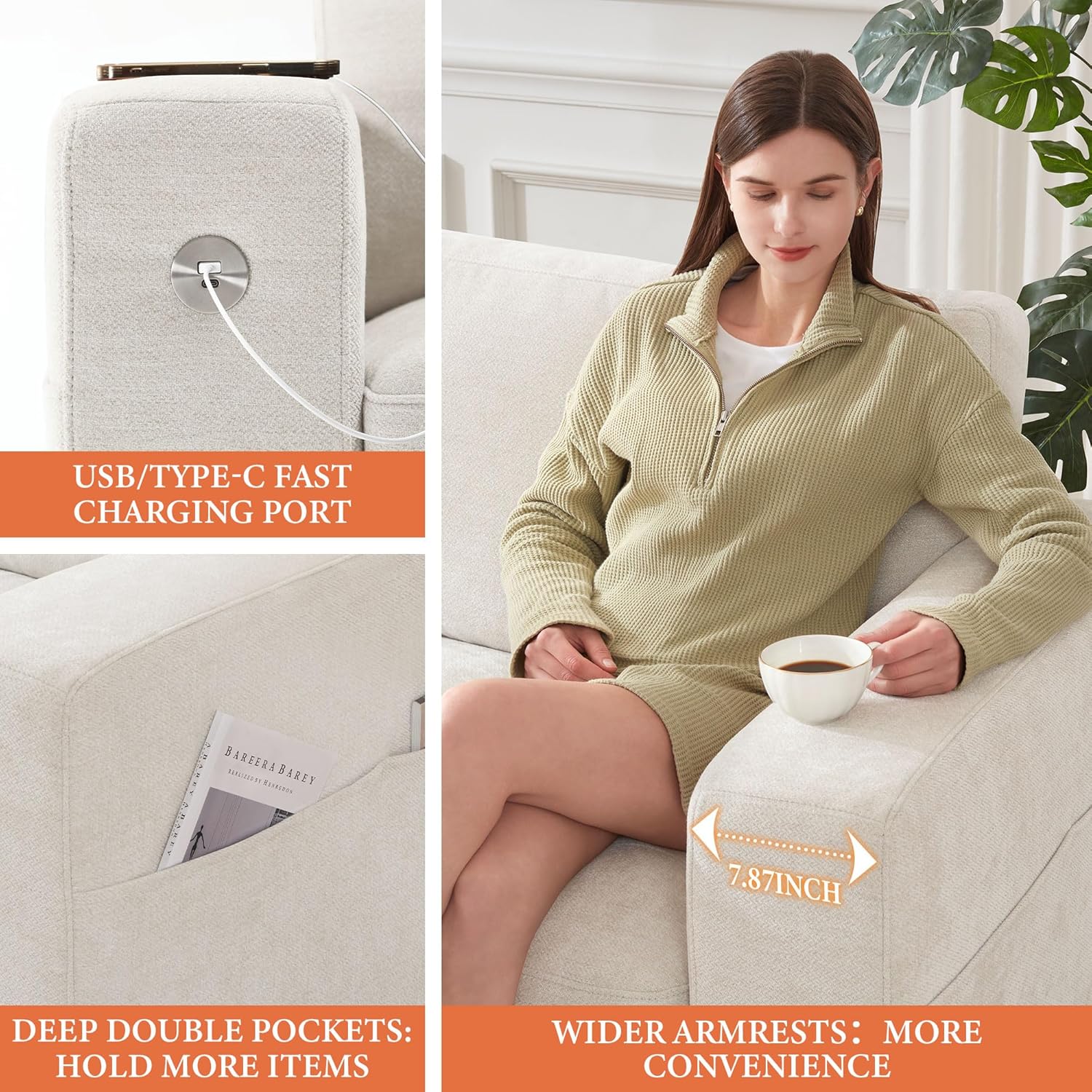 Ihanherry Sofa USB Type-C Charging Port and Side Pocket