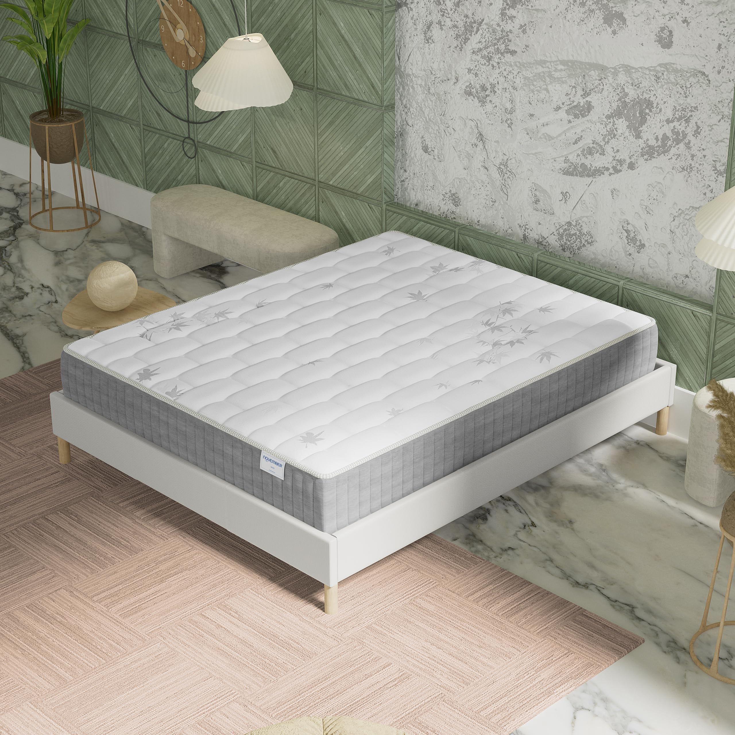 NOVEMBER- Ensemble Matelas + sommier (120 x 190cm)- Matelas Galice Ressorts ensachés & mémoire de Forme d’épaisseur 25cm + Sommier Bois Stable & Robuste revêtement Tissu Blanc