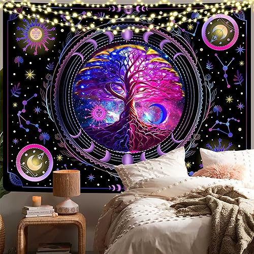 Miniatura 2 de MAMHSABC Tapiz de árbol de la vida, tapiz hippy de sol y luna, tapiz de flores y vides, tapiz hippie para colgar en la pared, dormitorio, decoración