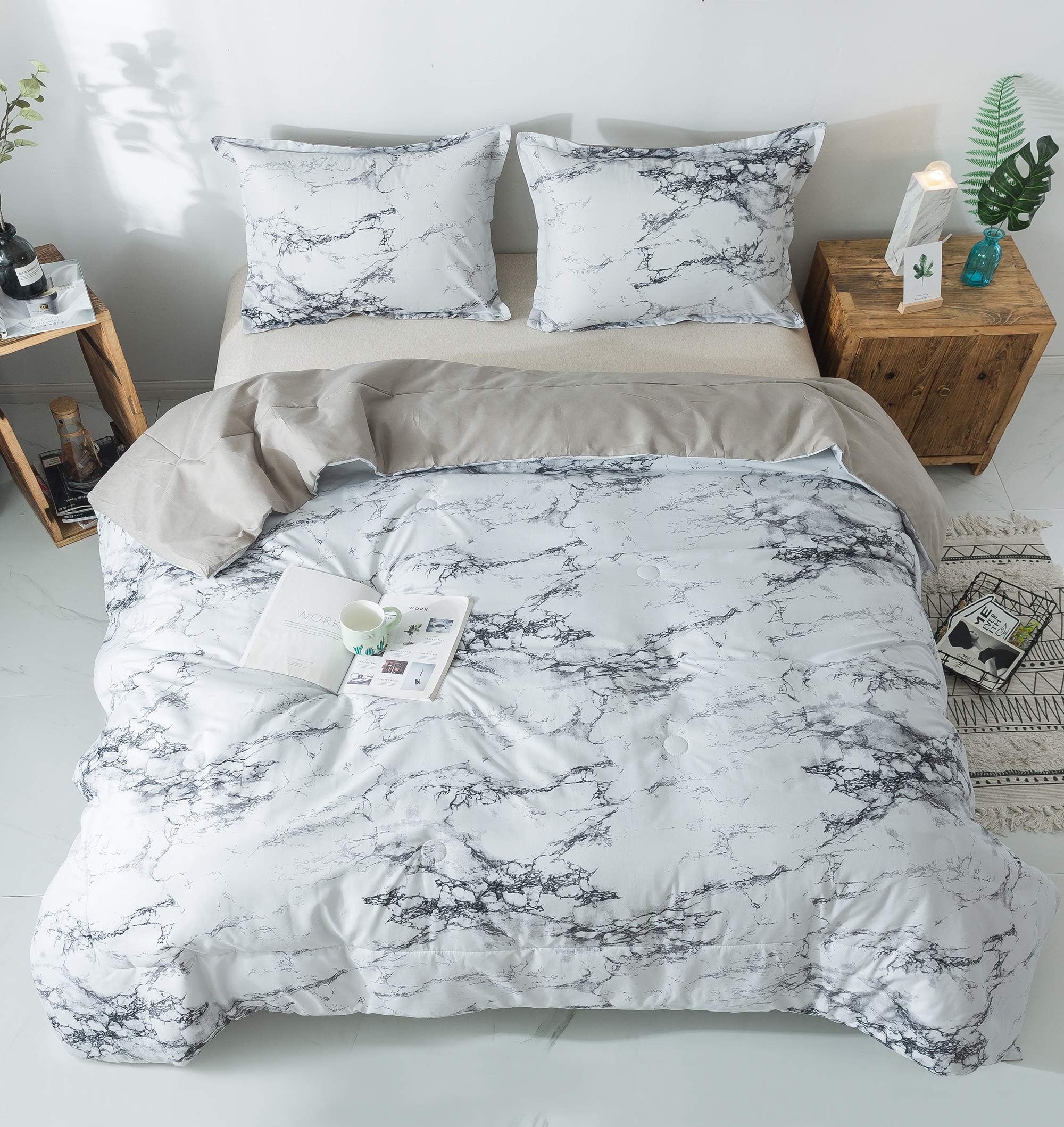 EIGRAMSET PomCo Marble Comforter Set Queen (90"x90"), 3pcs Soft Lightweight Microfiber Comforter Set-1 Comforter and 2 Pillowcases, Modern Grey Marble Print Bedding Set for Teen boy Girl