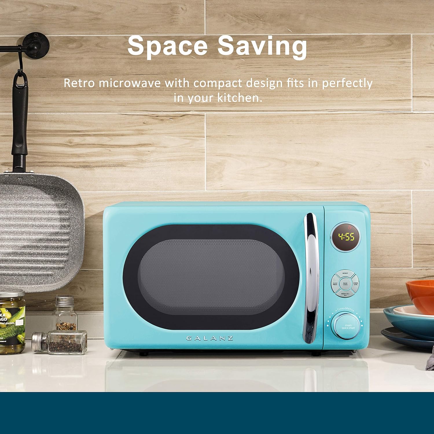Galanz GLCMKA07BER-07 Retro Microwave Oven, LED Lighting, Pull Handle Design, Child Lock, Bebop Blue, 0.7 cu ft, view 4