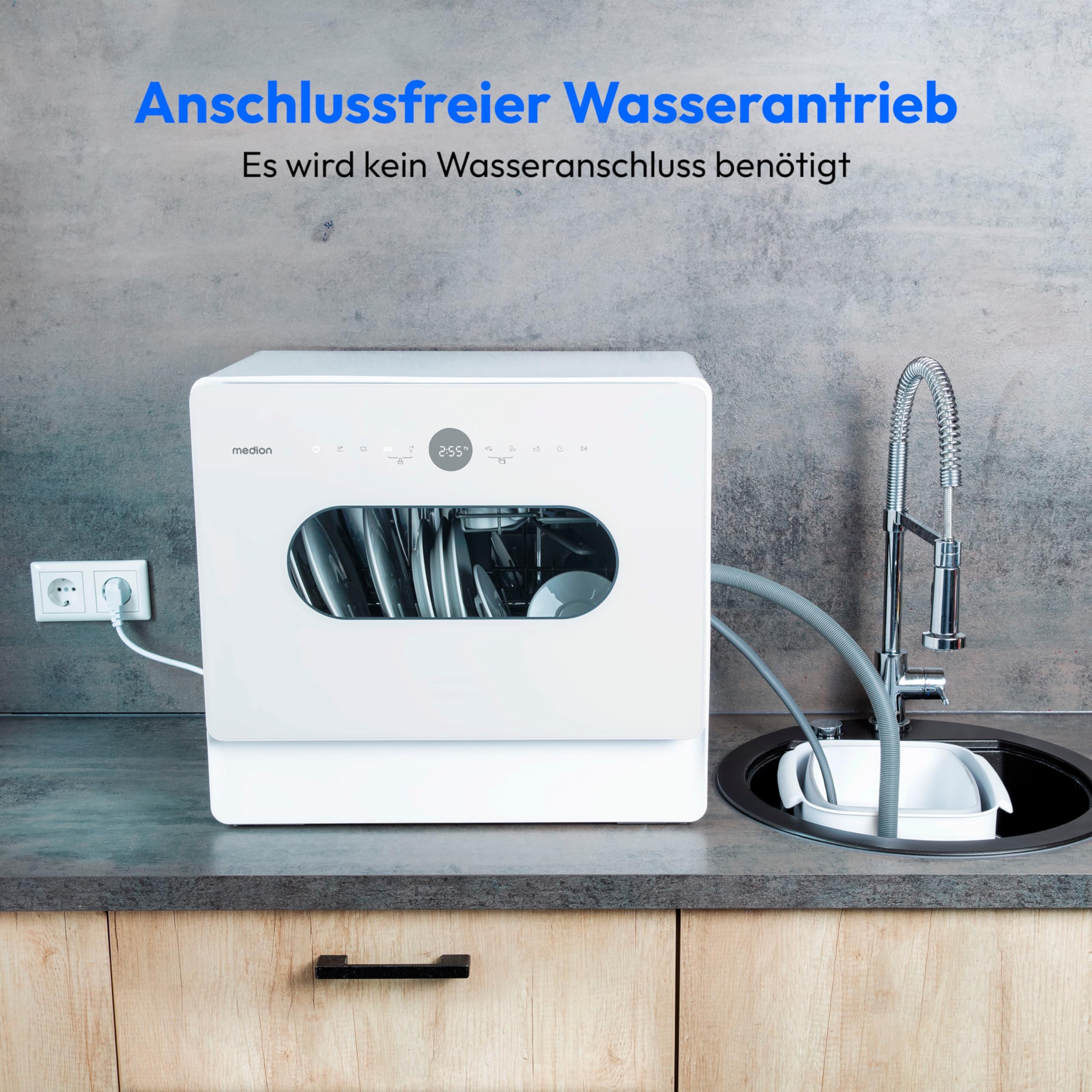 MEDION Mini Geschirrspüler DWT51 Tischgeschirrspüler mit Touch-Bedienfeld 5 Maßgedecke 7 Reinigungsprogramme weiß