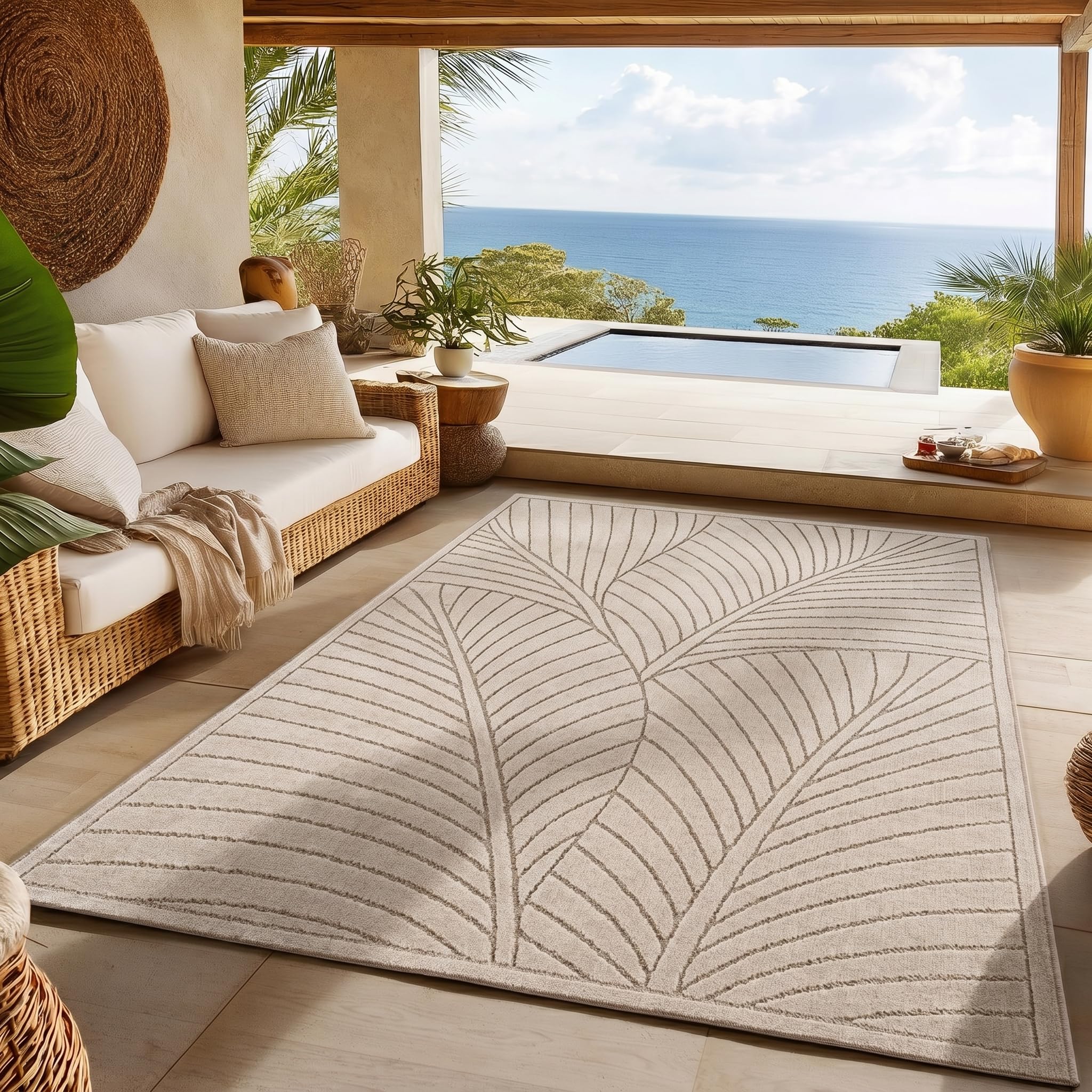 SIMPEX Kurzflor Teppich Wohnzimmer, Schlafzimmer, Küche, 3D Hoch-Tief-Effekt, Skandinavisch Boho Motiv, für Outdoor Bereich geeignet Terrassen oder im Balkon