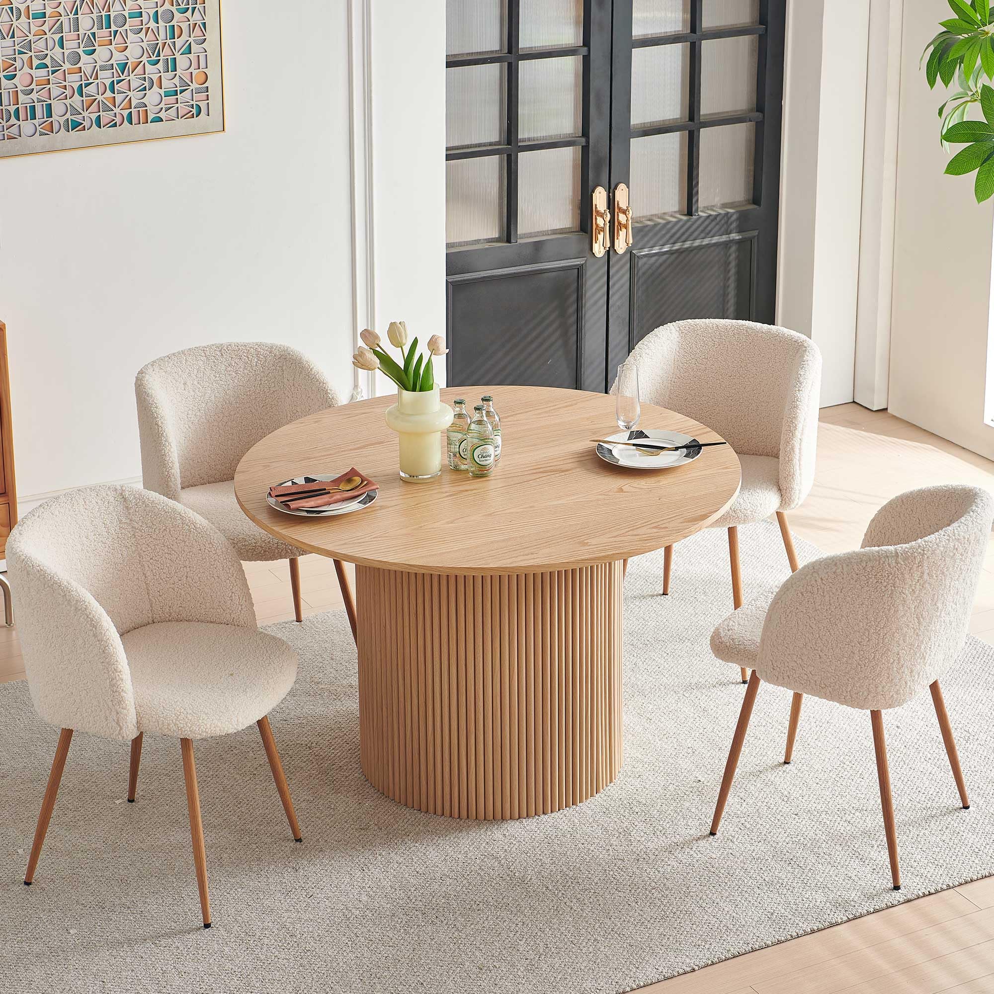 Homedot 5 Piece Modern Round Dining Table and 4 Off White Barrel Kitchen Chairs Set, 47" Kitchen Table Wooden with Oak Veneer Tabletop, Faux Fur