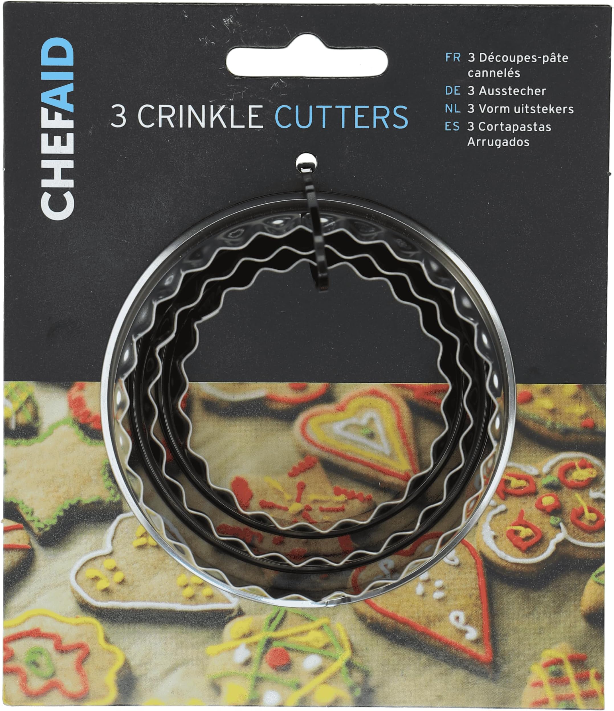 Chef Aid Pastry Cutters, Set Of 3, Cookie Biscuit Cutter, Scone, Mince Pie, Tarts, Mini Quiches, Dough, At Home Baking, Cake Decorating, Fondant Icing, Round Circle Crinkled Stainless Steel Cutters
