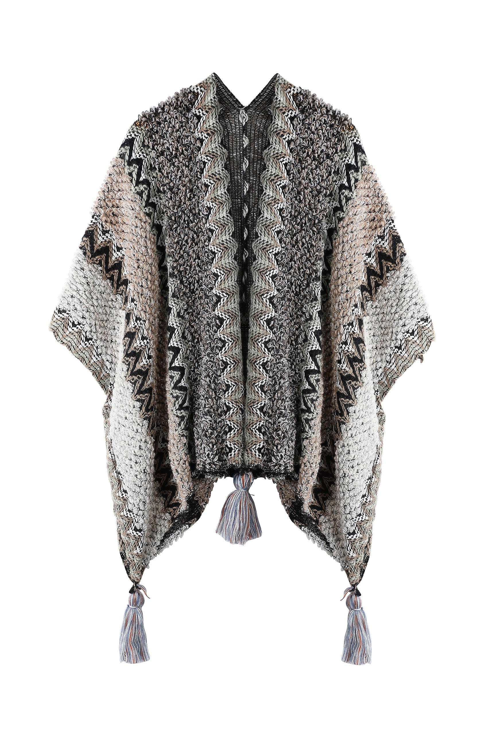BOCOSO Knit Shawl Wrap Poncho Cape for Women, Ladies Knitted Cardigan Kimono with Fringe for Fall Winter, Grey Pattern