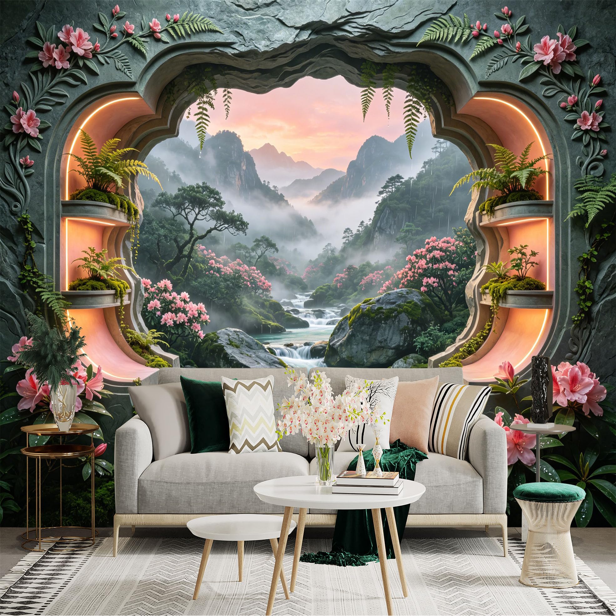 Custom Size Wall Sticker Mural， Fantasy Garden with Waterfall， Misty Mountains and Pink Flowers， for wall Decoration， peelandstick wall Decals.