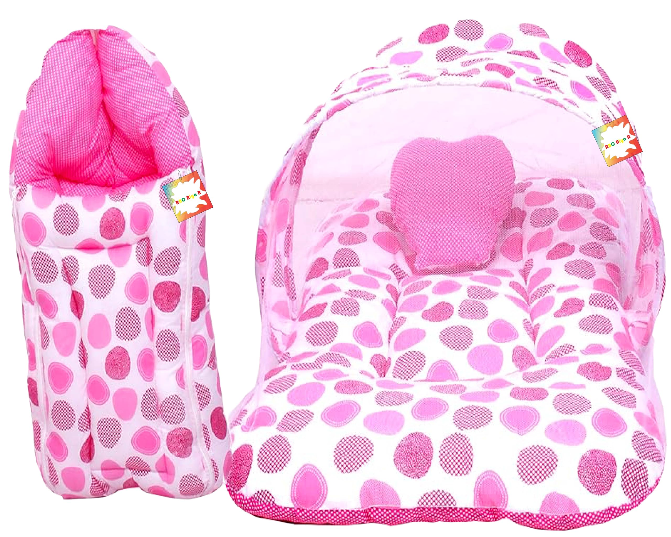 RBC Riya R New Born Baby Boy's & Baby Girl's Cotton Bedding Set Combo of Mattress with Mosquito Net and Sleeping Bag Cum Baby Carry Bag (0-6 Months Pink Polka Dot)