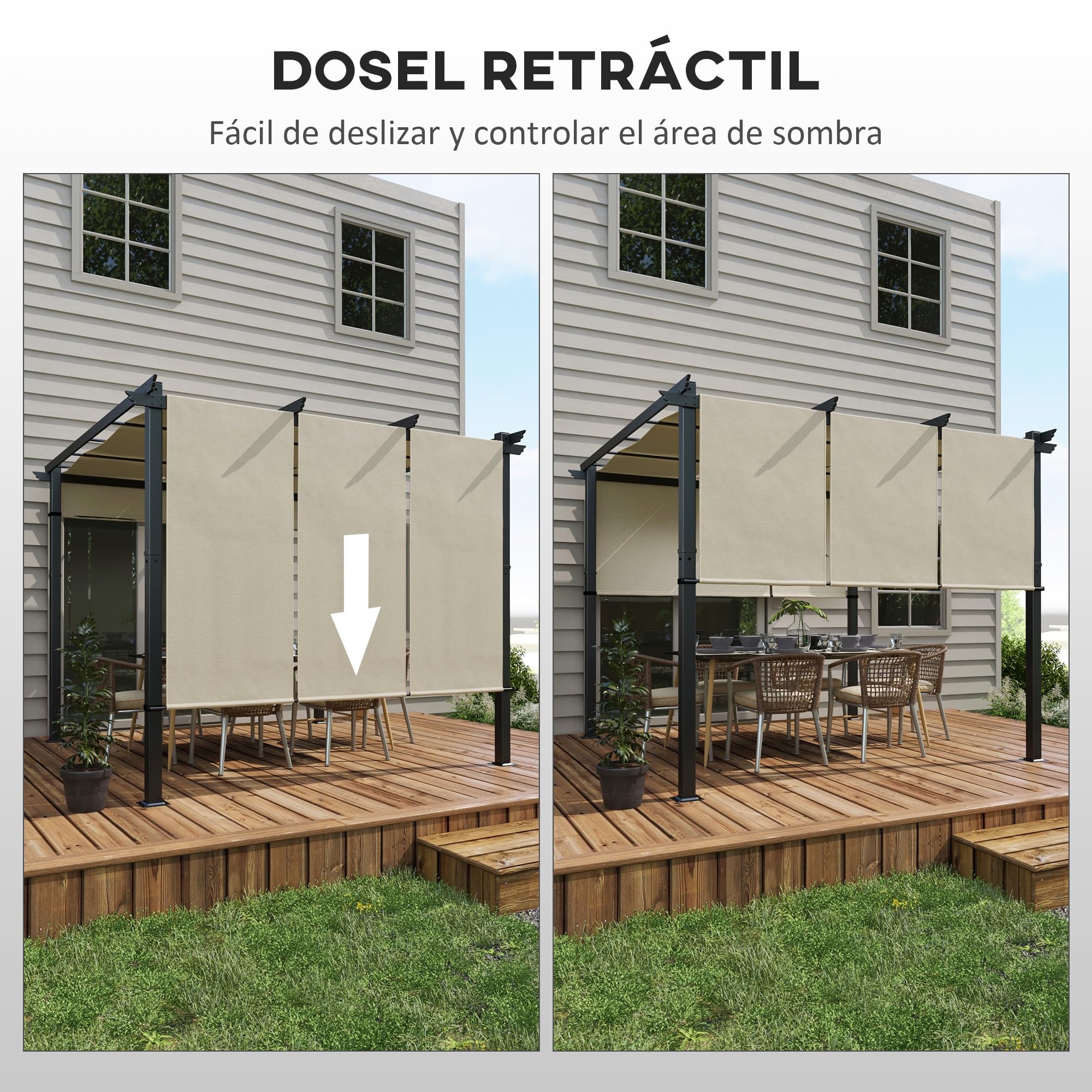 Outsunny Pérgola de Jardín 3x3 m Cenador para Exterior con Techo Retráctil Marco de Acero Impermeable y Anti-UV para Terraza Patio Beige