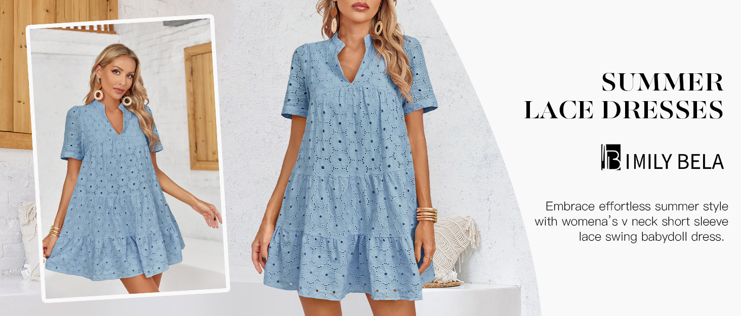 Imily Bela Womens Summer Lace Dresses Eyelet Casual Flowy Babydoll Swing Short  Sleeve V Neck Tunic Dress Beige at Amazon Women's Clothing store
