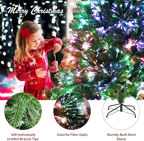 Miniatura 3 de Goplus Árbol de Navidad de lápiz de fibra óptica de 7 pies, árbol de Navidad artificial delgado preiluminado con luces de colores, 697 puntas de