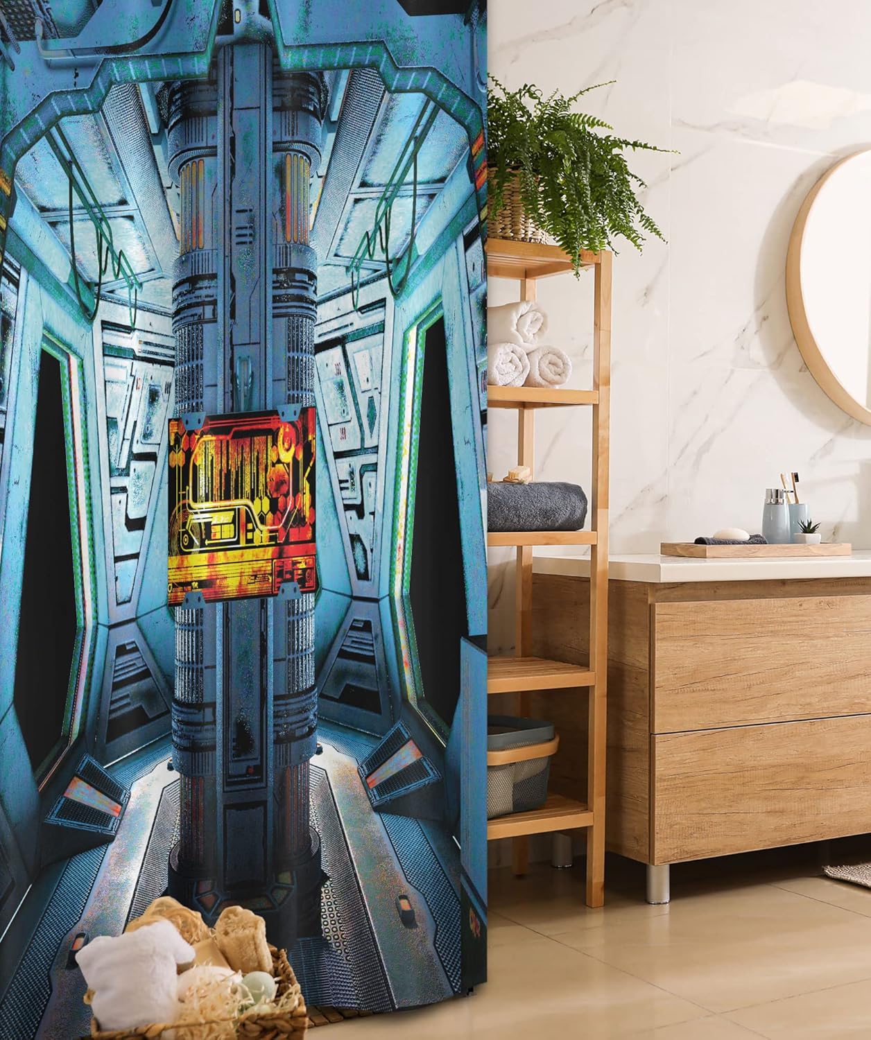 Ambesonne Outer Space Stall Shower Curtain, Space Ship Station Base Control Room Technology Elements Features Image, Fabric Bathroom Decor Set with Hooks, 36" W x 72" L, Blue Black Orange