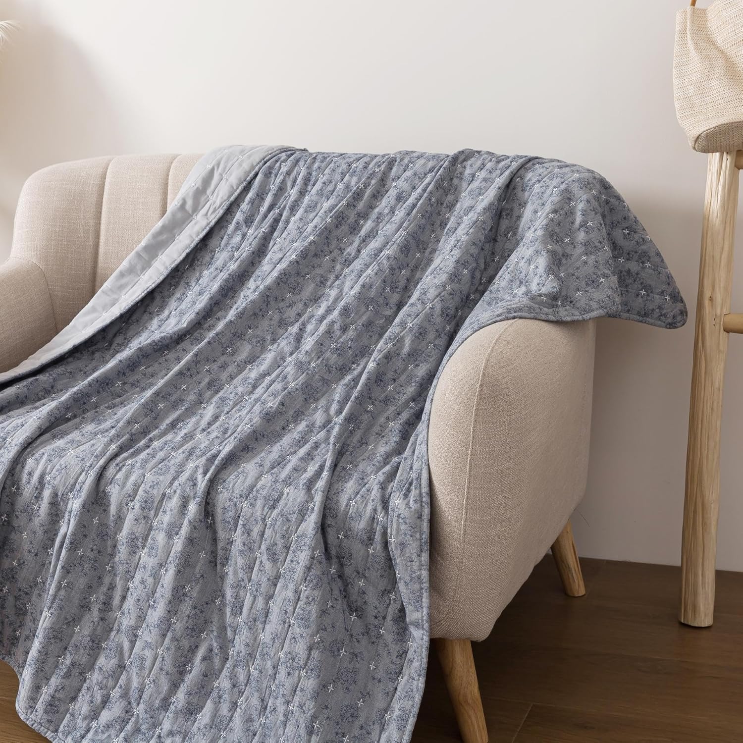 Soul & Lane Blue Whisper Diamond Cotton Quilted Throw Blanket - 50" x 60", Modern Gray Decorative Throw for Couch and Bed, Lightweight Contemporary Diamond Pattern Lap Quilt - Image 2