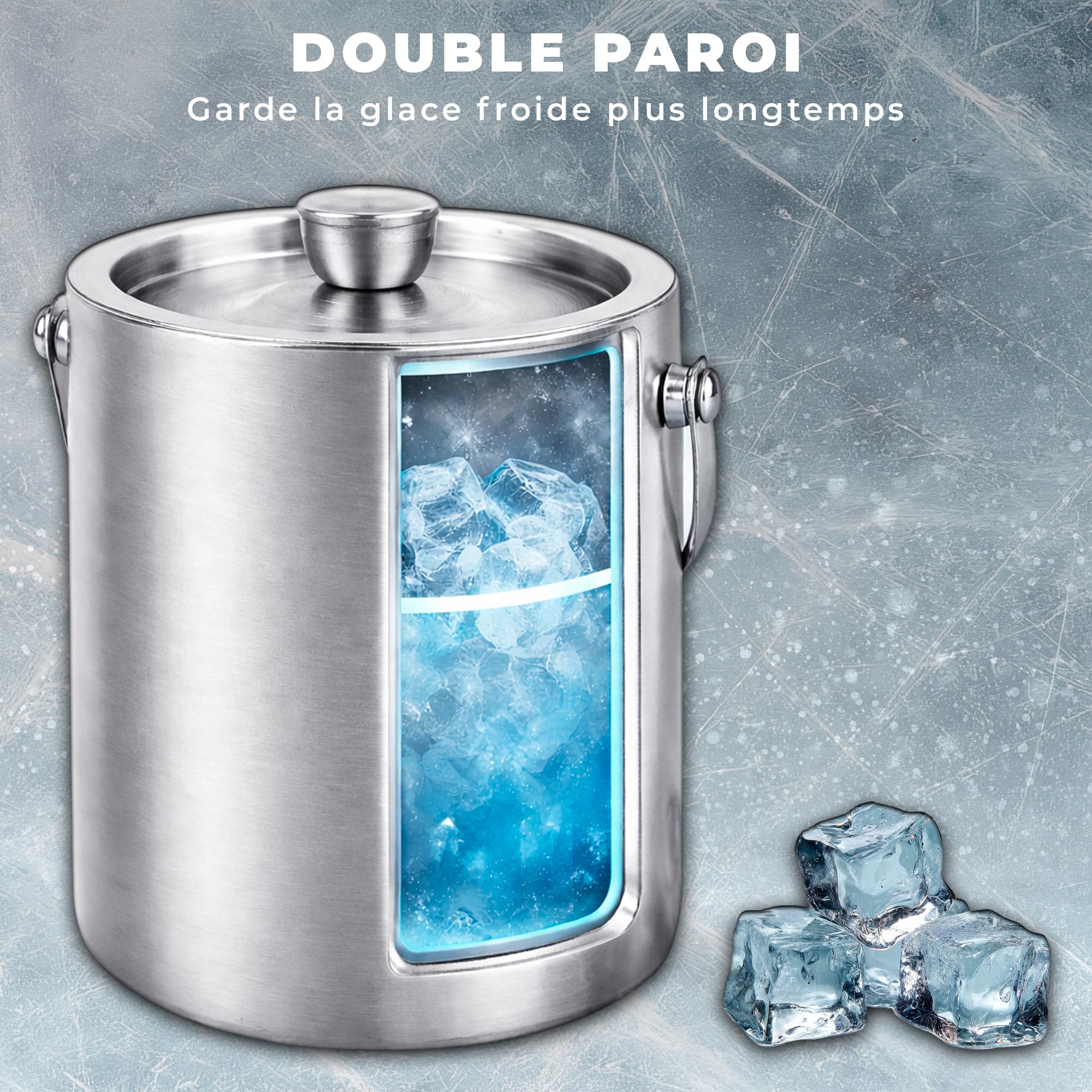 KARL HAUSMANN Seau a Glacon 1,3L avec Couvercle, Pince et Égouttoir - Seau à Glaçons Inox Argent Double Paroi Isotherme, Garde les Glaçons Secs, Idéal Cocktails, Bar, Apéritif