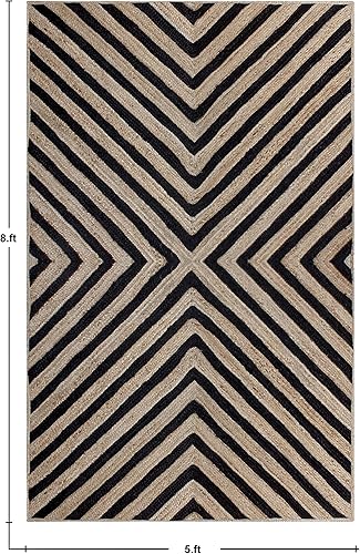 Miniatura 2 de CASAVANI Alfombra trenzada a mano geométrica de yute negro y beige, mejores usos para dormitorio, comedor, sala de oración, ático y cocina, 3 x 5