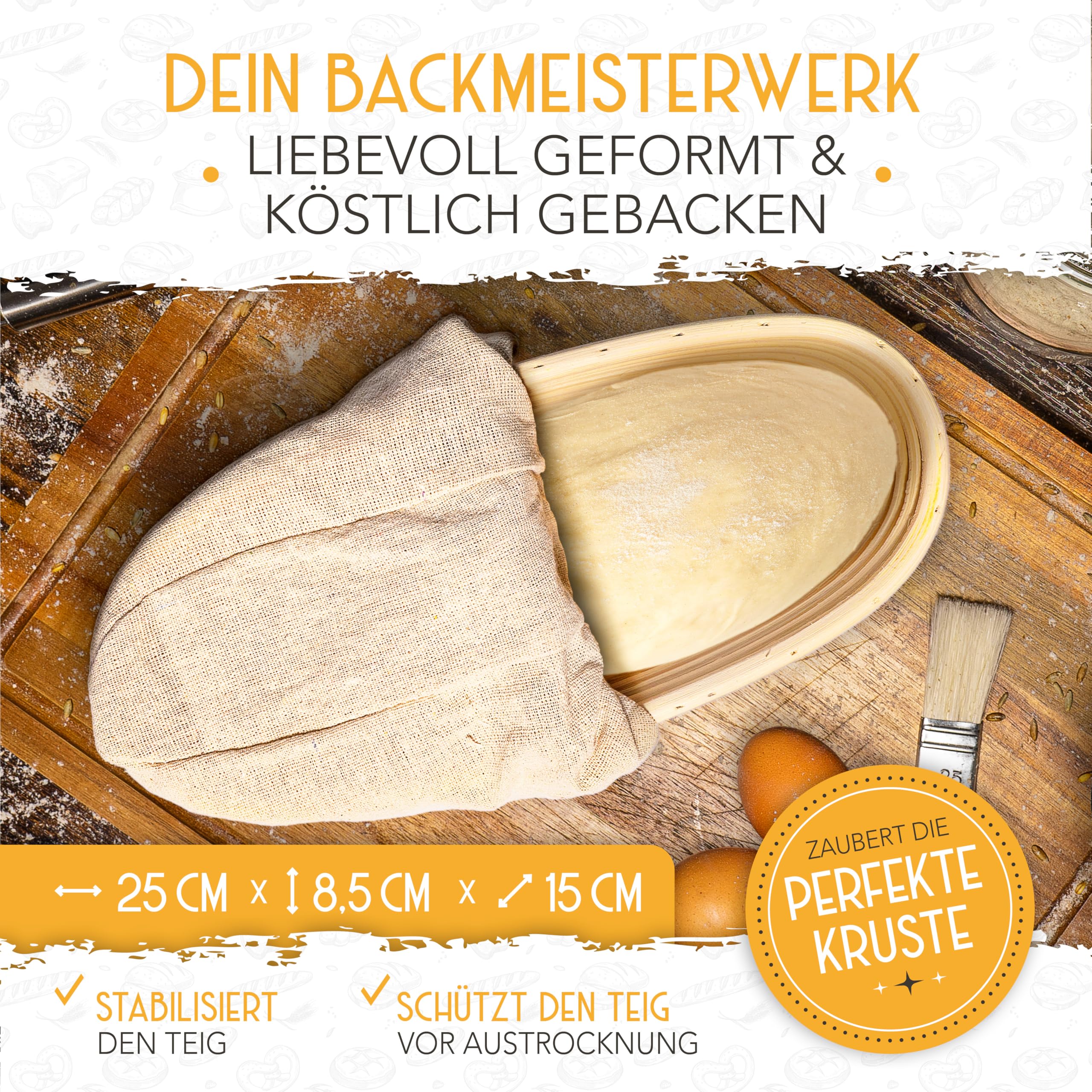 KRUSTENZAUBER 2er Set Gärkörbchen & 600ml Sauerteig Starter Set im Vorteilspack - Gärkörbe aus Rattan inkl. Gärtuch sowie Gärglas mit Spatel und Bäckermesser, Brot Backen Zubehör, Sauerteig-Glas