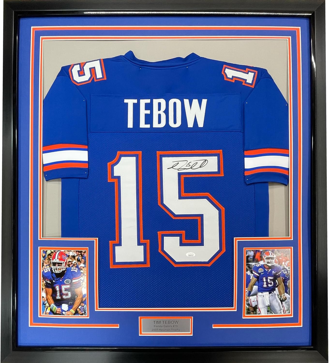 Framed Autographed/Signed Tim Tebow 35x39 Florida Blue College Football Jersey Beckett BAS COA