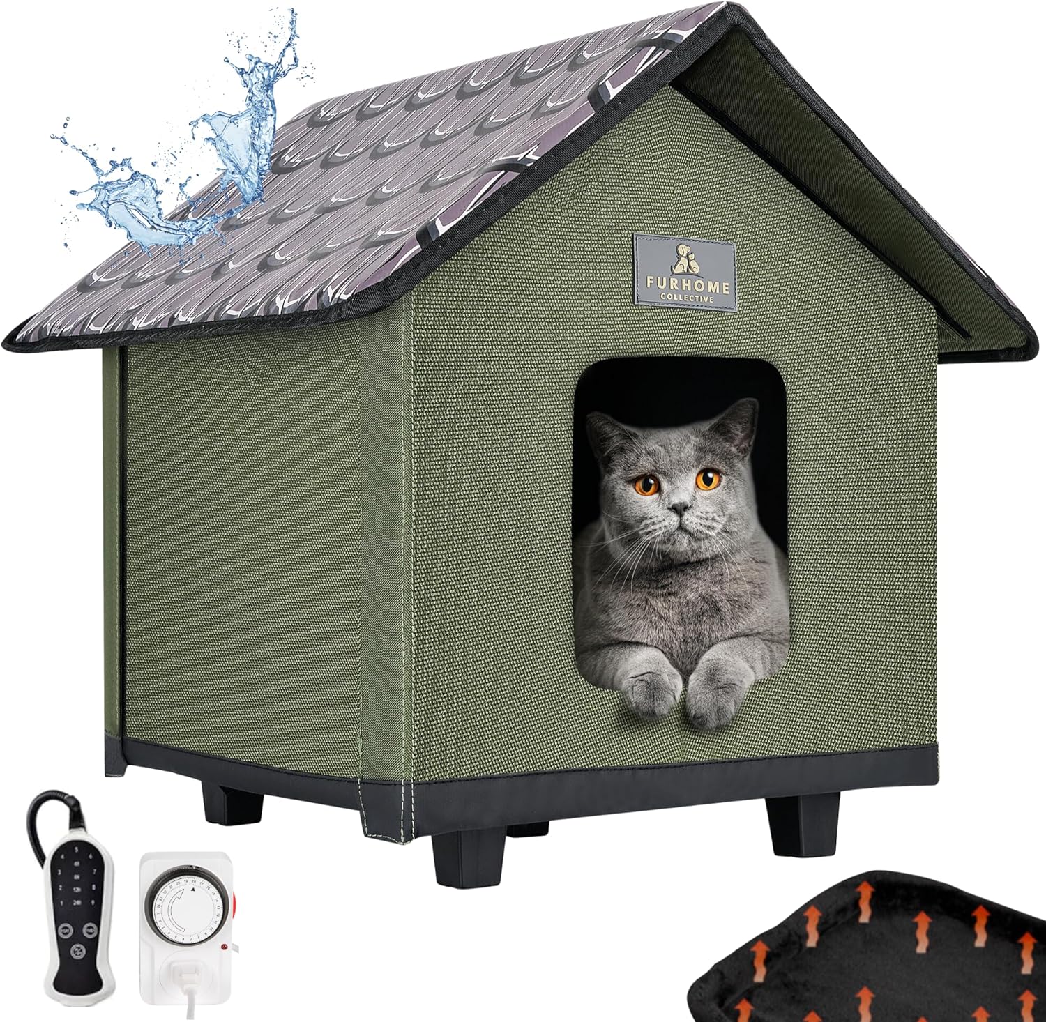 Color olive Heated Cat House for Outside - Cat Houses for Outdoor Cats - Heated Cat House - Outdoor Cat House - Cat Houses for Indoor Cats