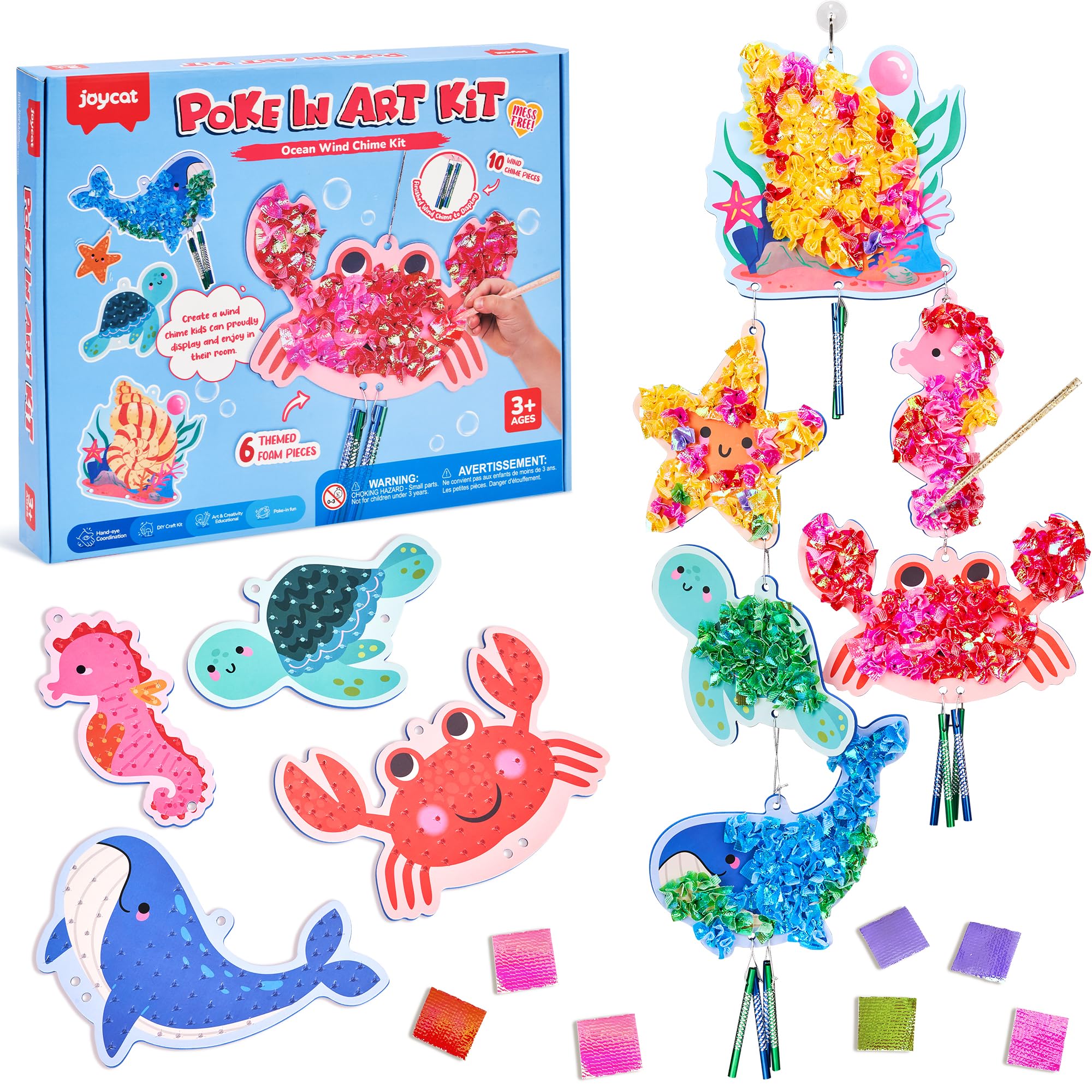 JoyCat Poke in Art, Ocean Animals Wind Chime Kit, 3D DIY Crafts Kit for Kids with Audible Wind Chime Pieces, 6 EVA Ocean Figures, Mess-Free Creative Activity, Birthday Gift for Kids Age 3-6 Year Old
