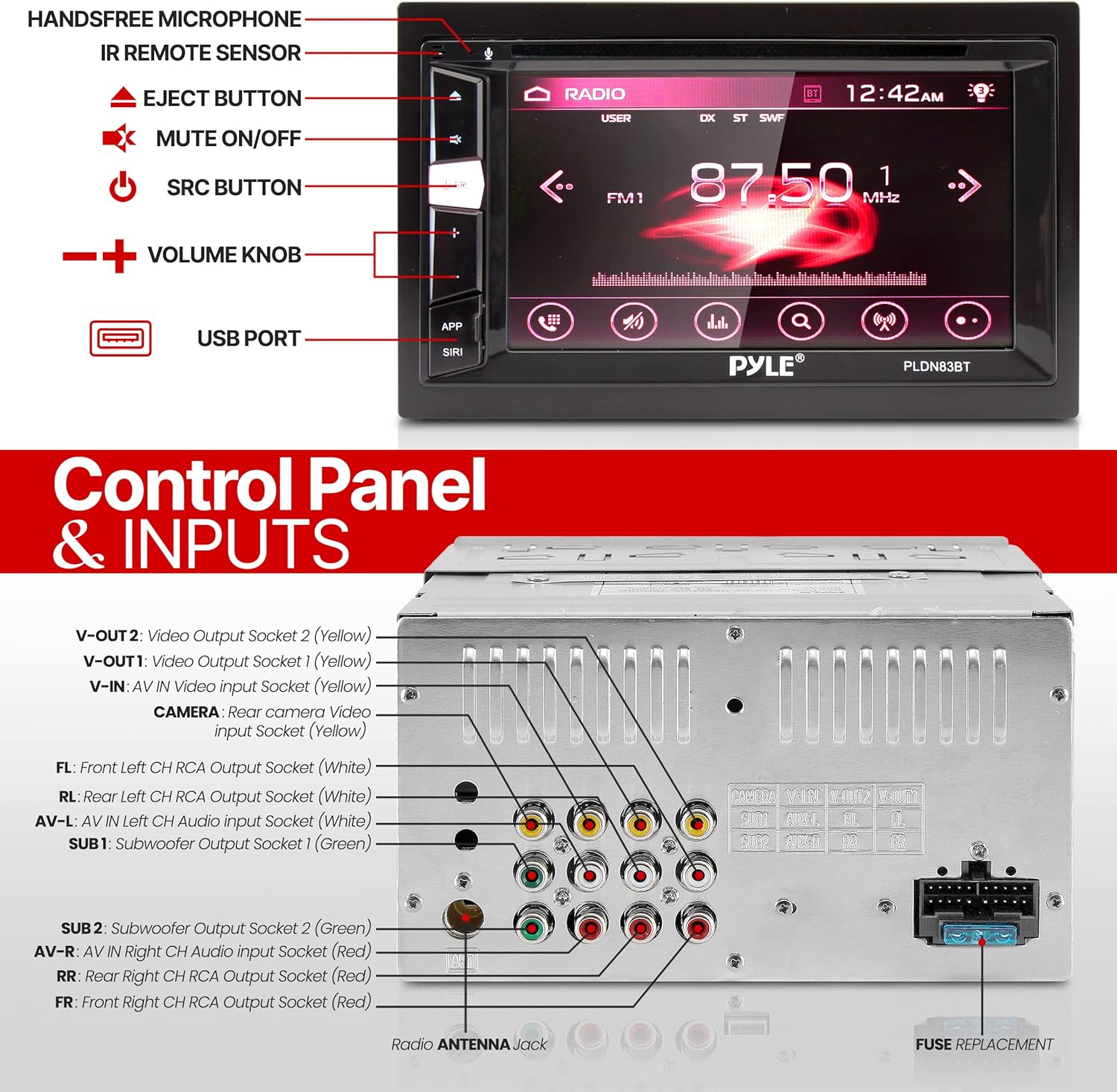 Pyle Double DIN 6.2” Touchscreen Car Stereo – in-Dash Multimedia DVD/CD/MP3 Player, Bluetooth Receiver, AM/FM Radio, USB/SD Card, Subwoofer Output, Hands-Free Calling, Remote Control
