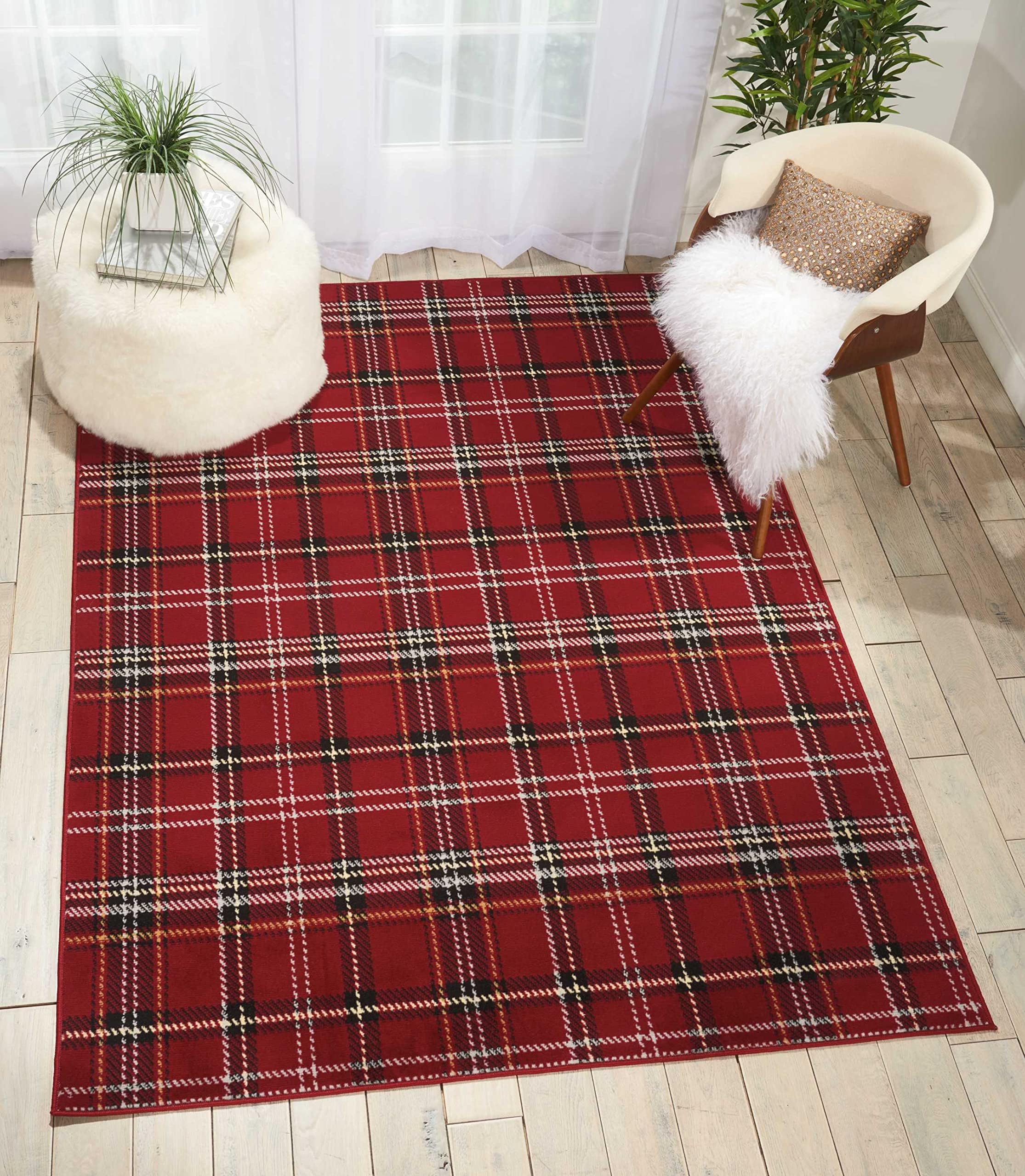 Nourison Grafix Red 5'3'' x 7'3'' Area-Rug, Modern, Plaid, Bed Room, Living Room, Dining Room, Kitchen, Easy-Cleaning, Non Shedding, (5' x 7')OEKO-TEX STANDARD 100