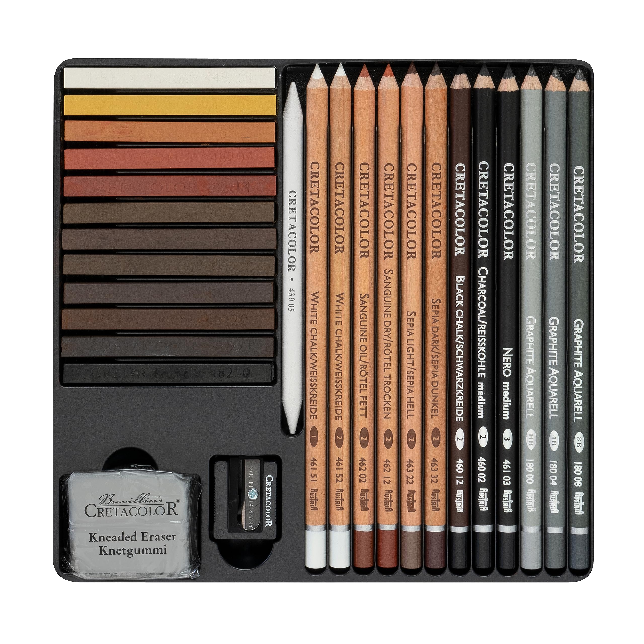Set d'esquisse Cretacolor 27 pièces, gomme et taille-crayon inclus, équipement de base idéal, tracé doux et saturé, dans un étui métallique robuste