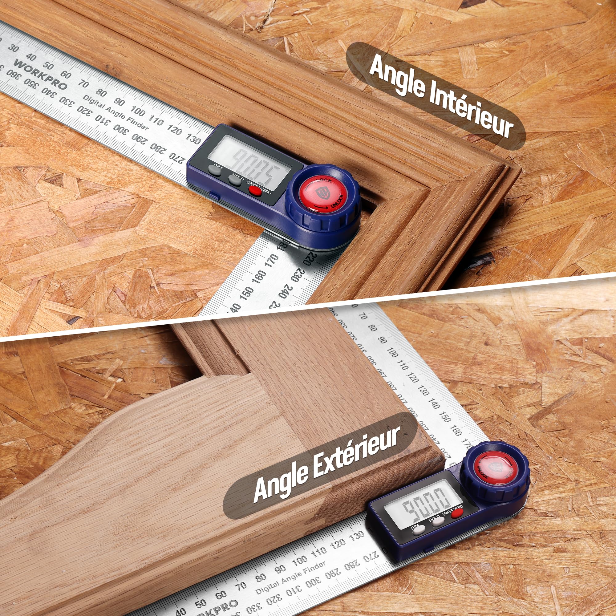 WORKPRO Rapporteur d'Angle Numérique 200 mm 2-en-1 avec Règle en Acier Inox, Mesure d'Angle 360° avec Écran LCD Clair, Outil de Précision pour Menuiserie, Découpe et Bricolage