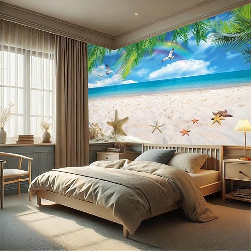 Miniatura 1 de AMUGISH Sunshine Beach - Papel tapiz de gaviota con nubes blancas y cielo azul, mural de pared de árbol de coco para dormitorio, sala de estar (79