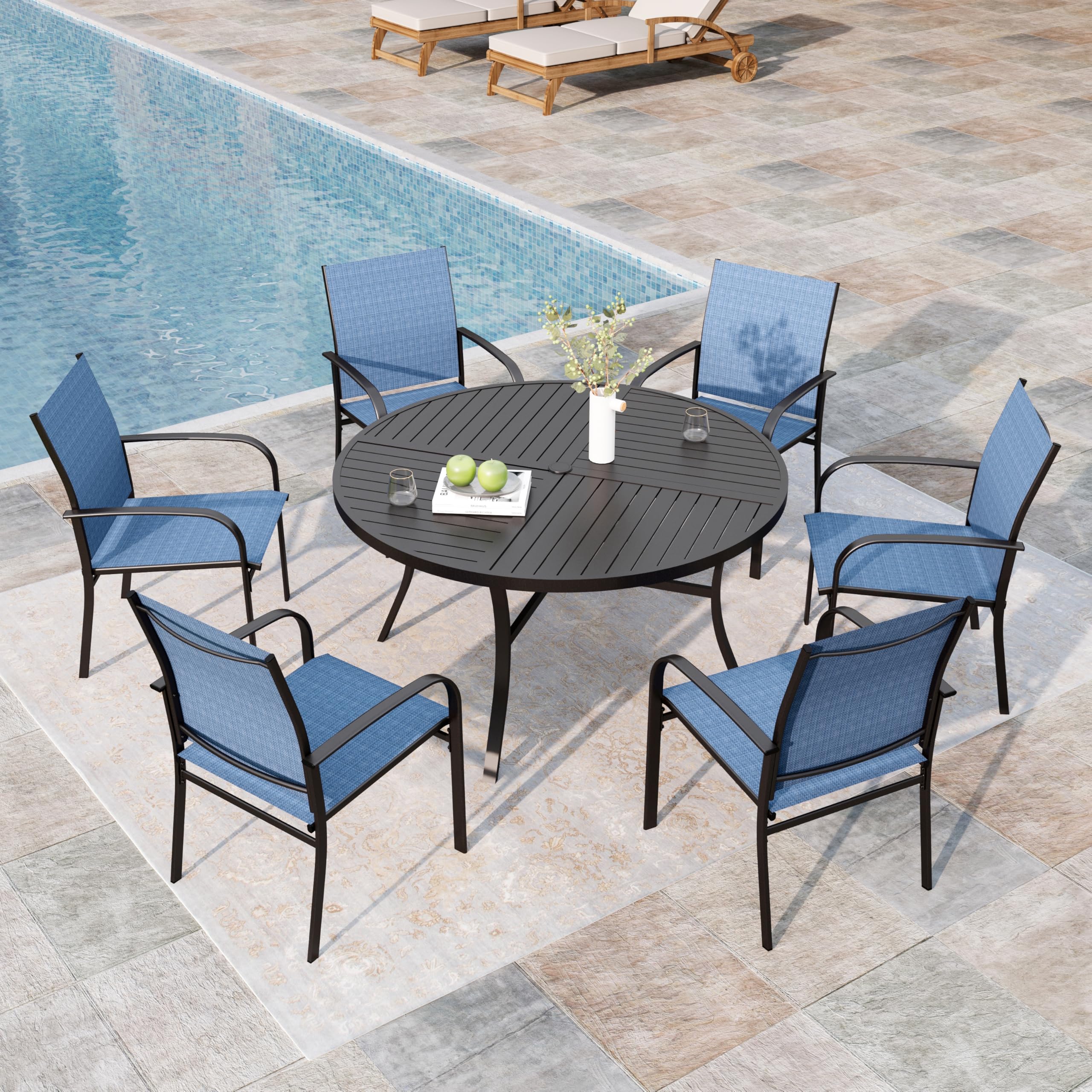7 Pieces Outdoor Table and Chairs, Patio Dining Set for 6 Includes 54" Round Outdoor Table and 6 Patio Chair Set, Outdoor Dining Furniture Set for Lawn Backyard Deck, Blue