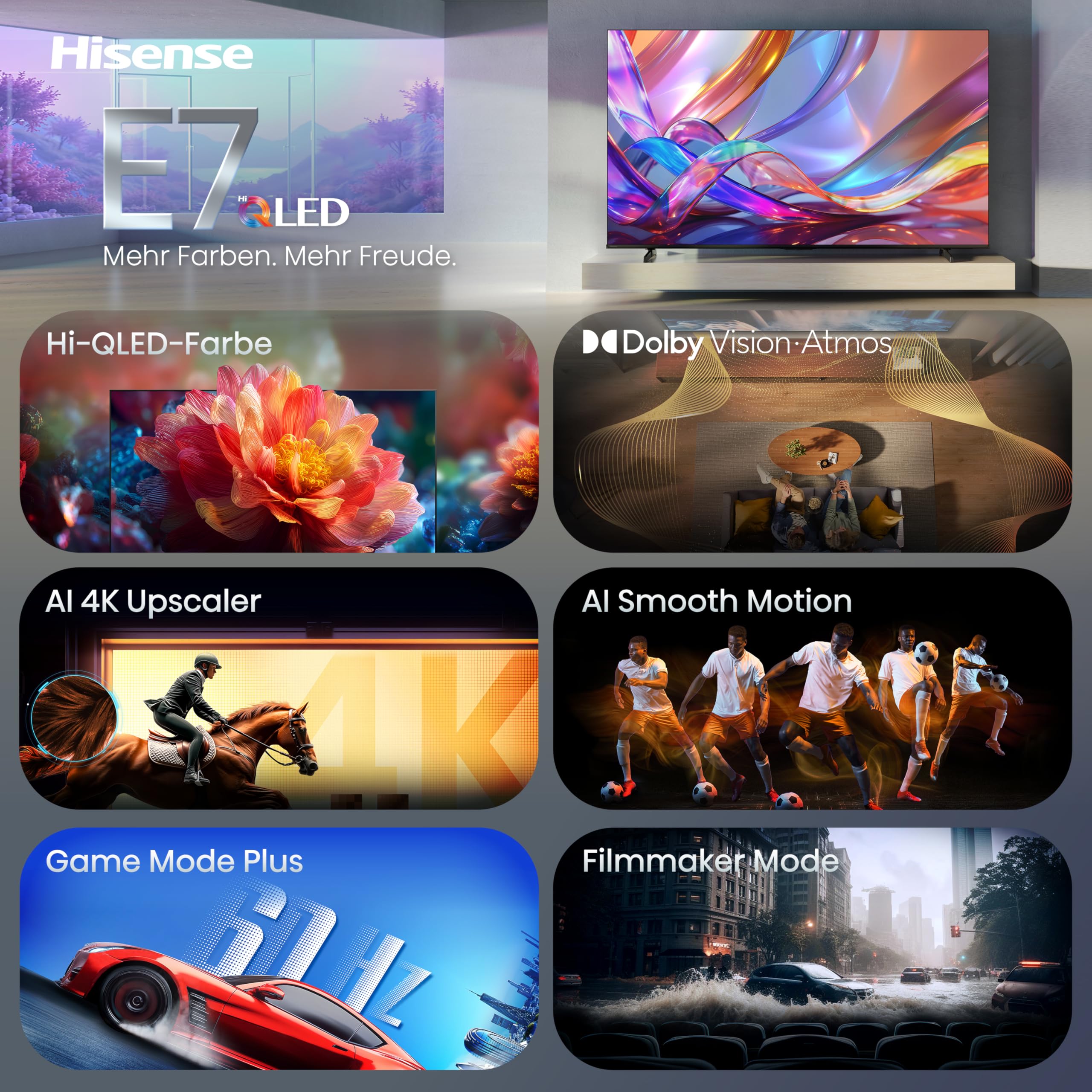 Hisense 55E7DS Fernseher 55 Zoll, 4K UHD QLED, Smart TV, Hi-View AI Engine, 60Hz Game Mode Plus, Dolby Vision IQ, HI-QLED Colour, Filmmaker Mode, AI Smooth Motion, Airplay, Sprachsteuerung[2026]