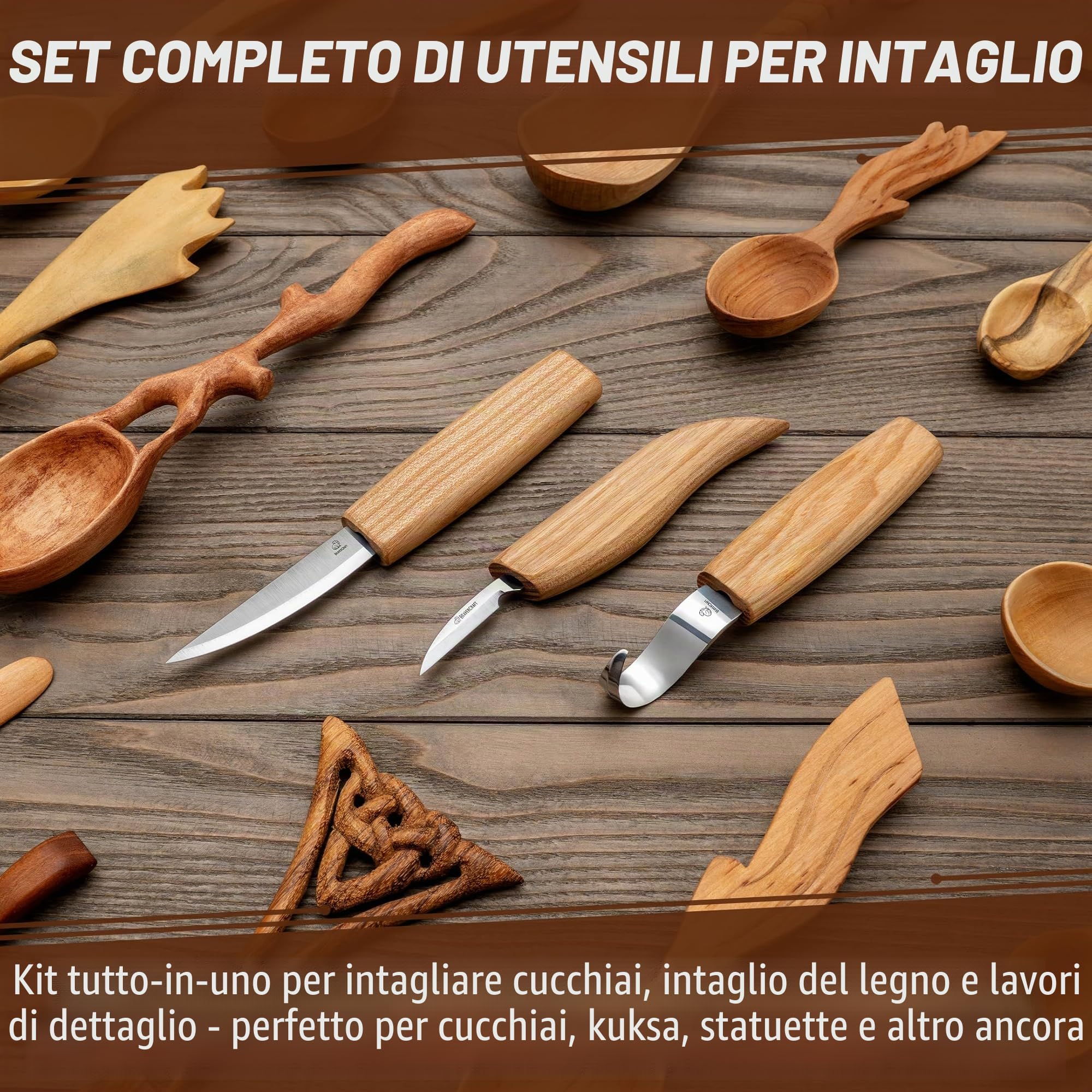 BeaverCraft S13 Kit per intaglio del legno con 3 coltelli - Set utensili per cucchiai, scultura e falegnameria, per principianti destrimani, con coltello a uncino