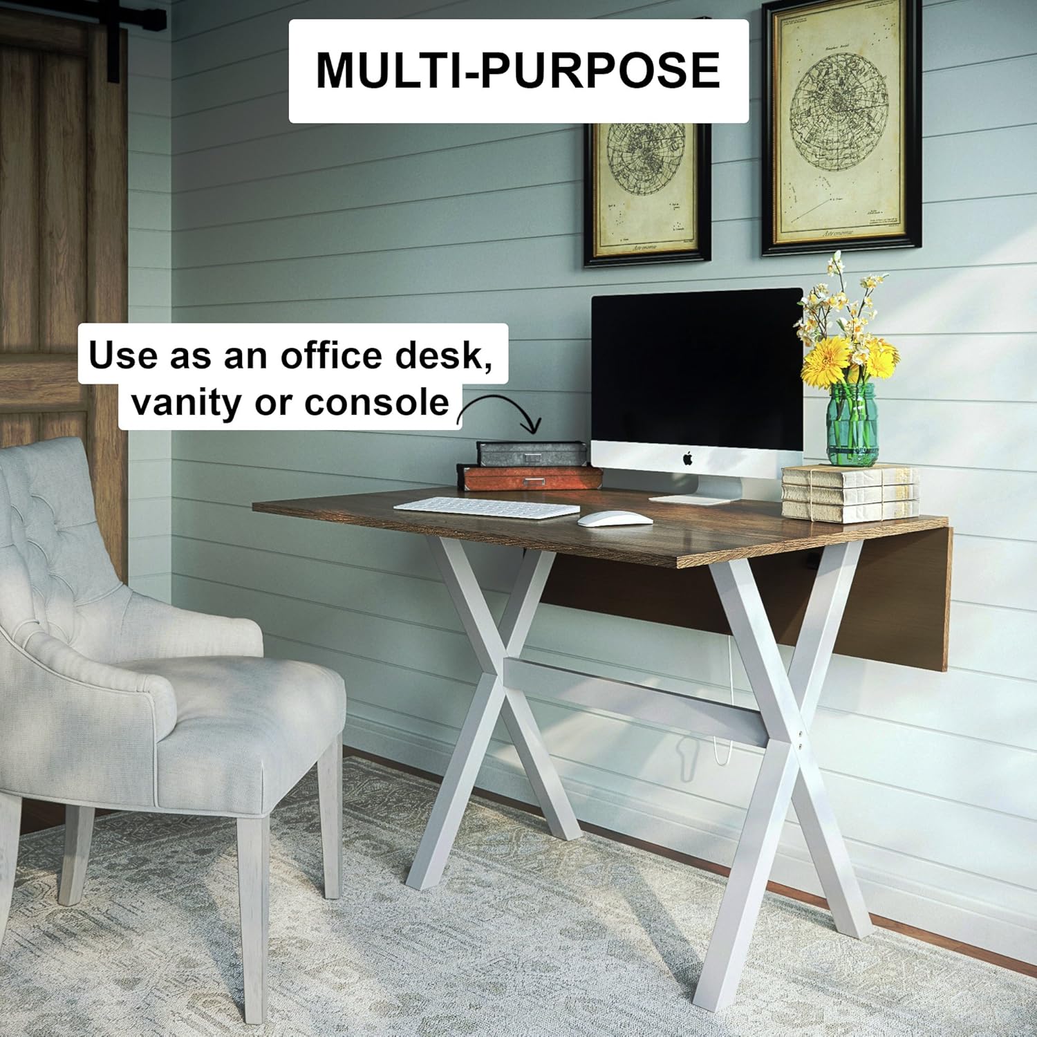 Nathan James Kalos Solid Wood Drop Leaf Folding Kitchen Farmhouse Dining Room or Space Saving Console Table and Desk, Rustic, Brown/White - Tables