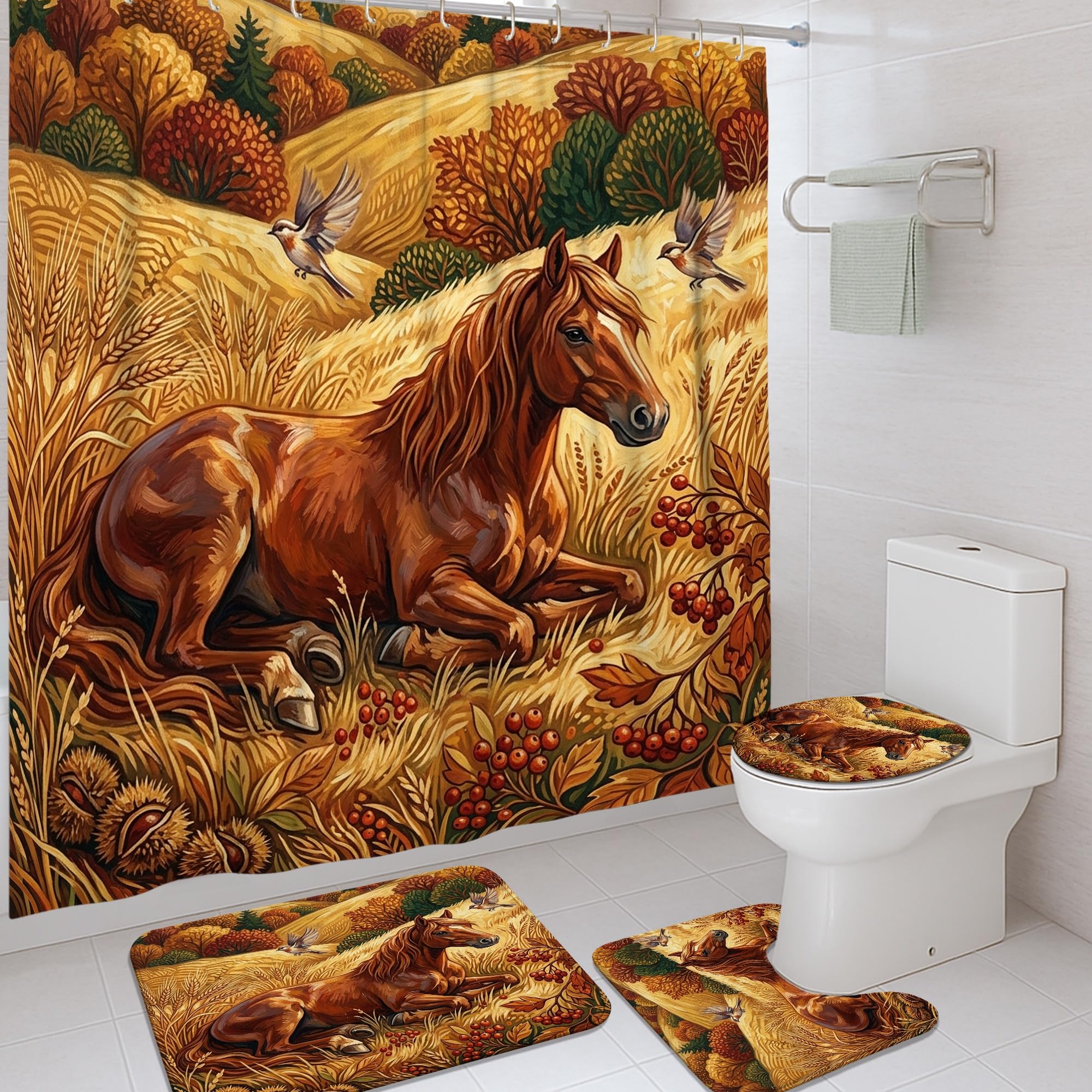 Ensemble rideau de douche lavable motif cheval avec tapis de bain et crochets