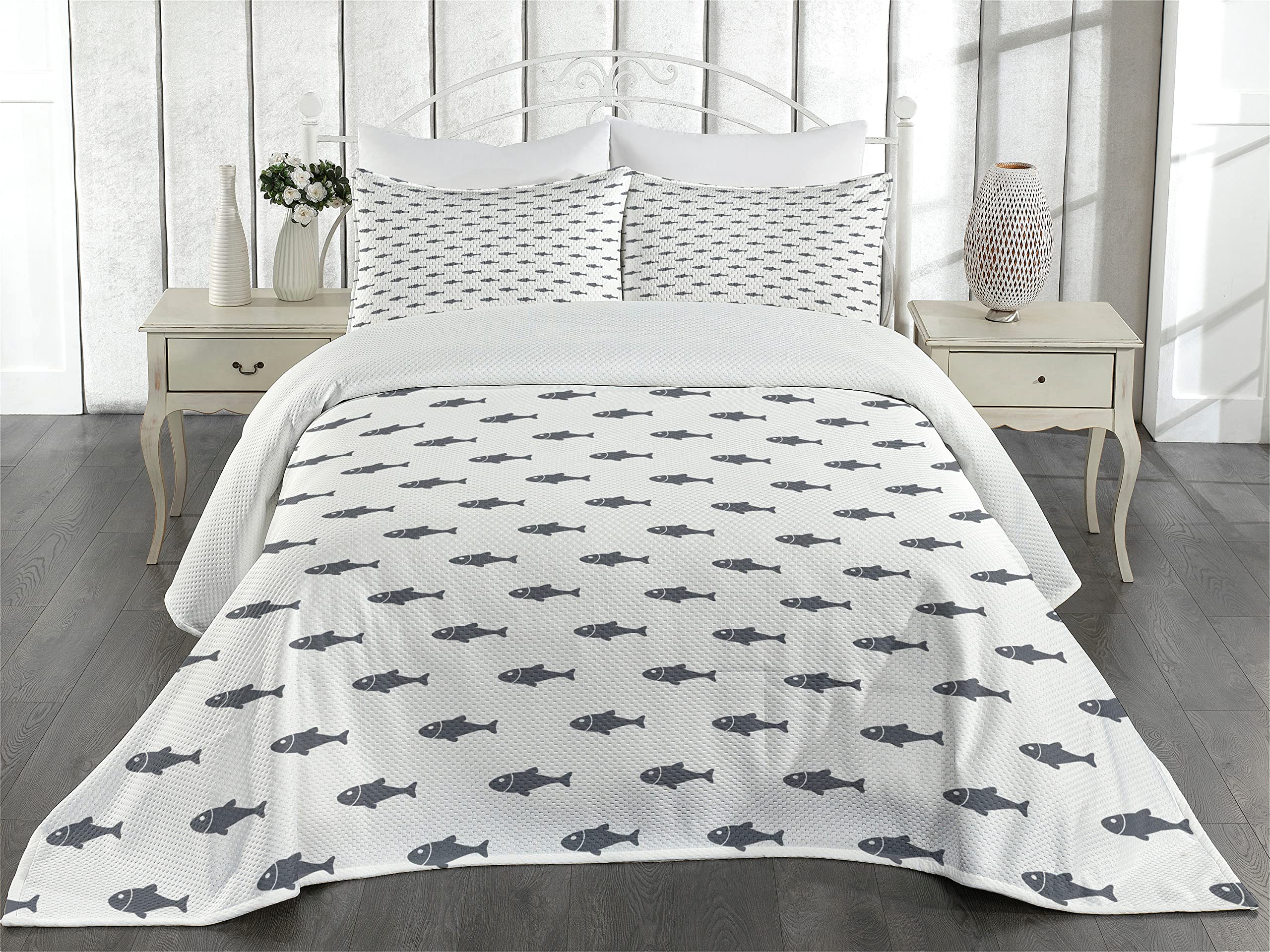 Ambesonne Ocean Coverlet, Hand Drawn Sketchy Sealife Schoal of Fish Whales Dolphins Artwork, 2 Piece Decorative Quilted Bedspread Set with 1 Pillow Sham, Twin Size, Lime Green White